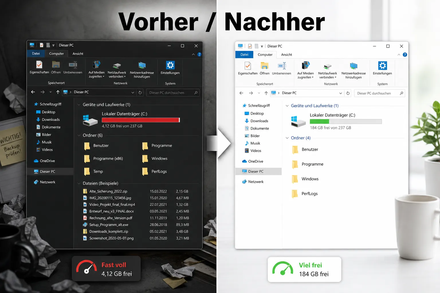 Windows Laufwerk C: vorher fast voll, nachher bereinigt, Speichervergleich