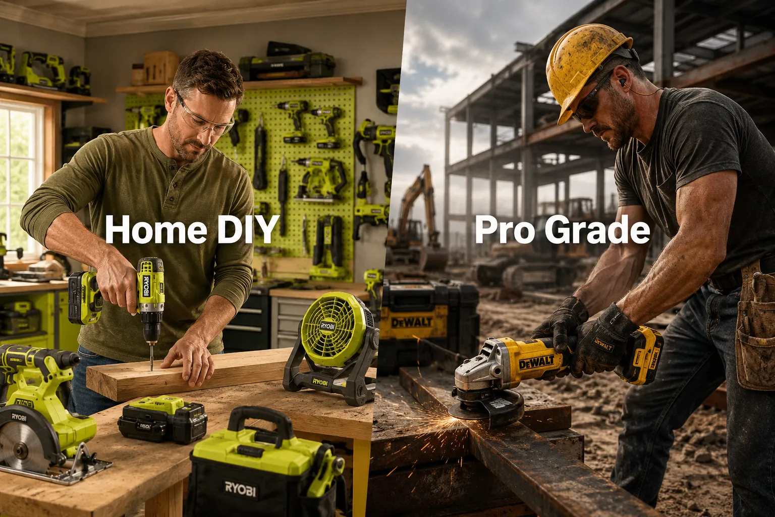 Ryobi tools in a home workshop contrasted with DeWalt tools on a job site.