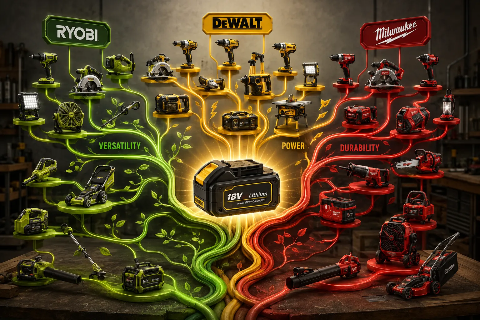 Conceptual infographic showing battery at center with tool branches for Ryobi, DeWalt, Milwaukee.