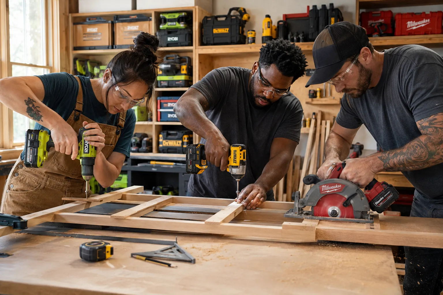 Diverse craftspeople using Ryobi, DeWalt, and Milwaukee tools in a modern workshop.