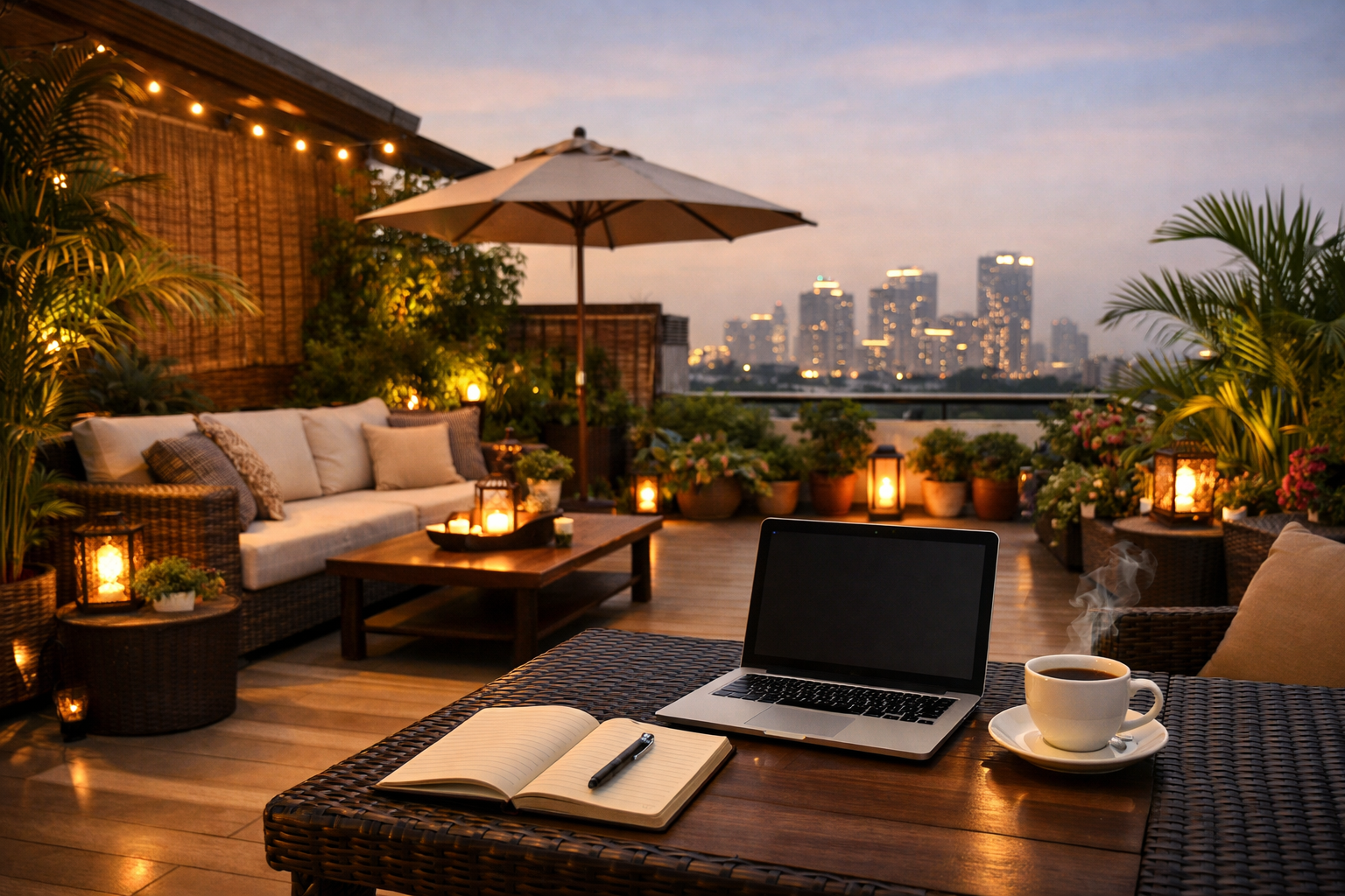 A serene private terrace with outdoor workspace at an Airbnb in Gurgaon