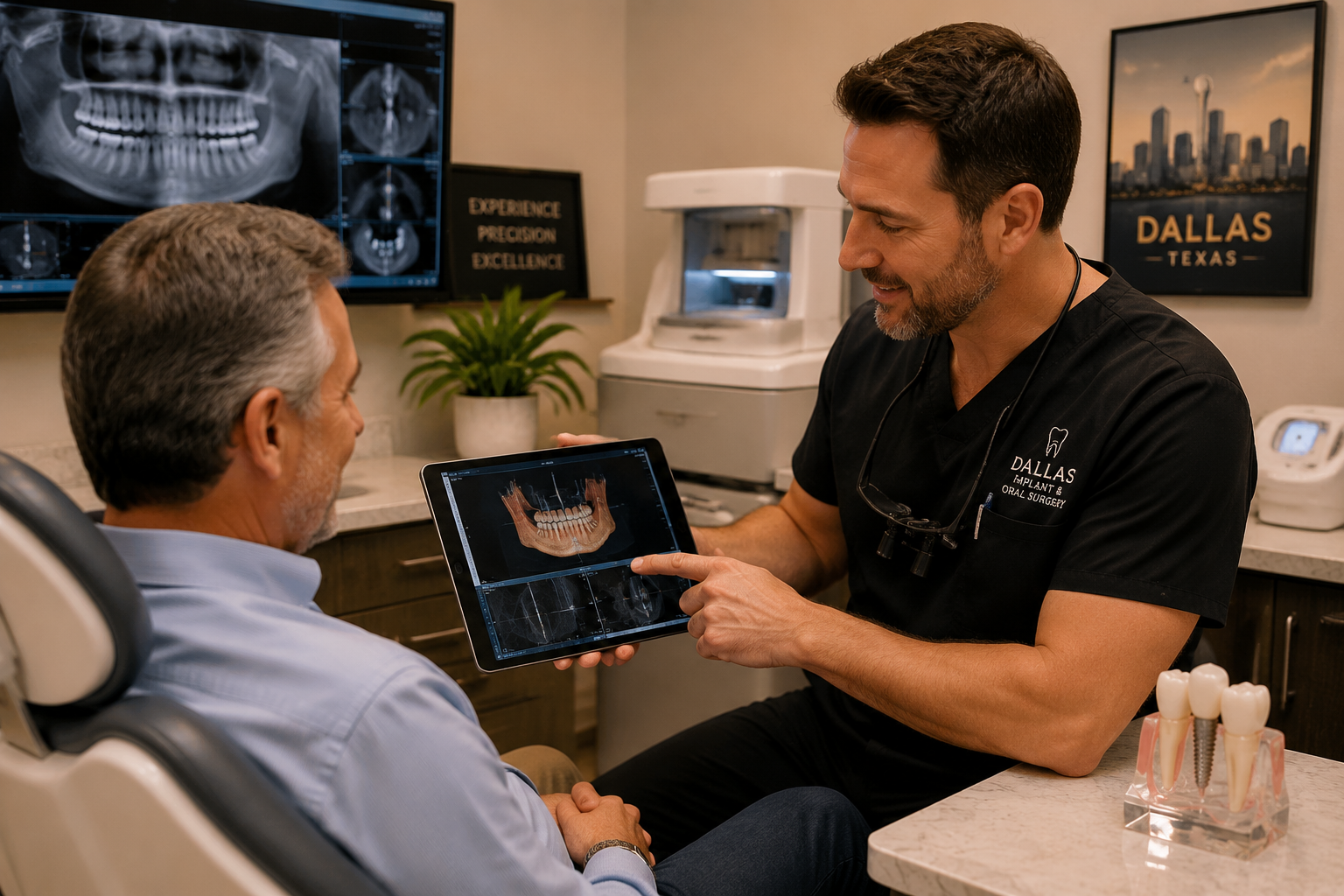 Patient reviewing digital X-rays with dentist during consultation