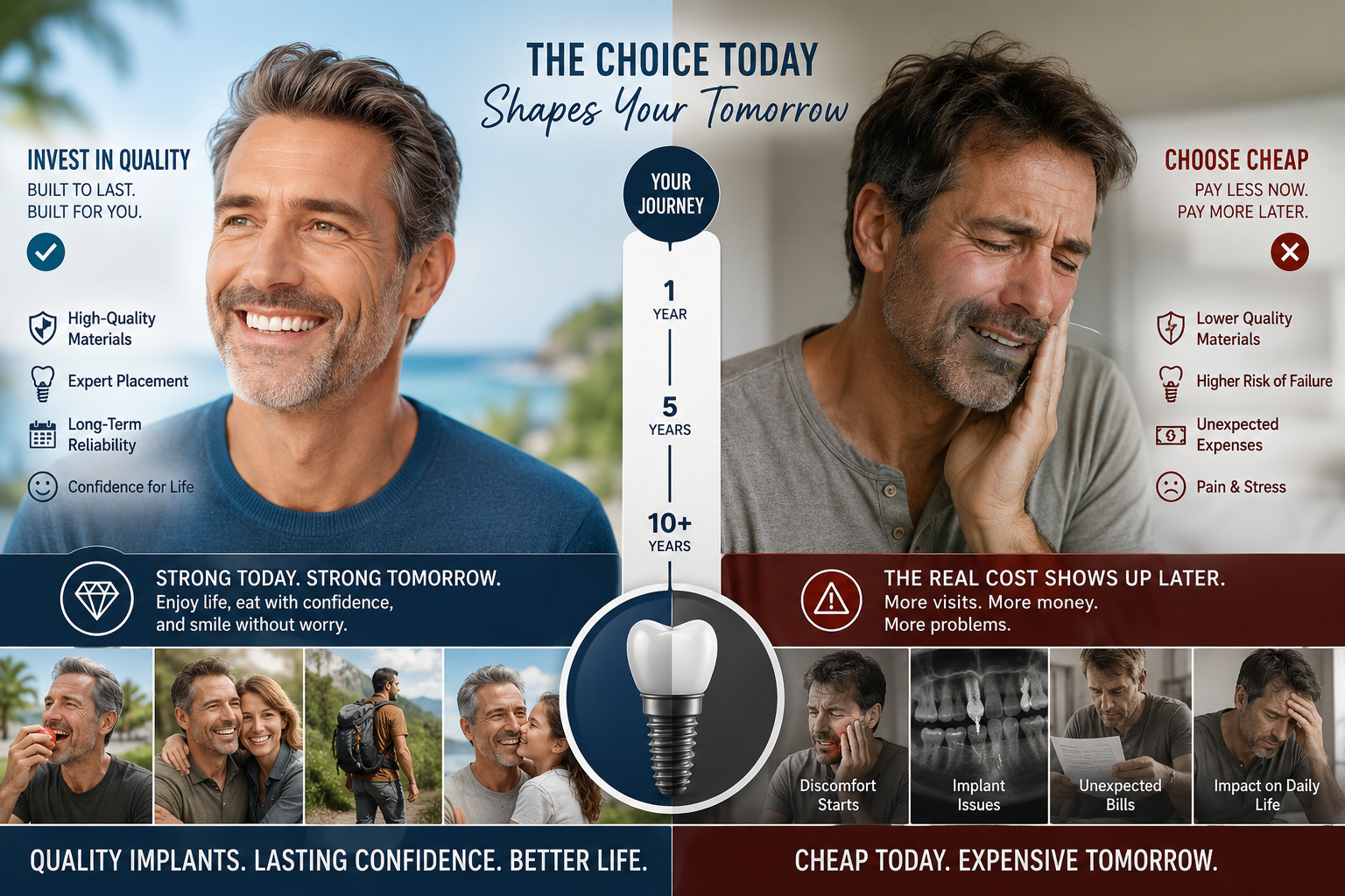 Happy patient smiling with successful dental implants, contrasting with a depiction of a failed implant
