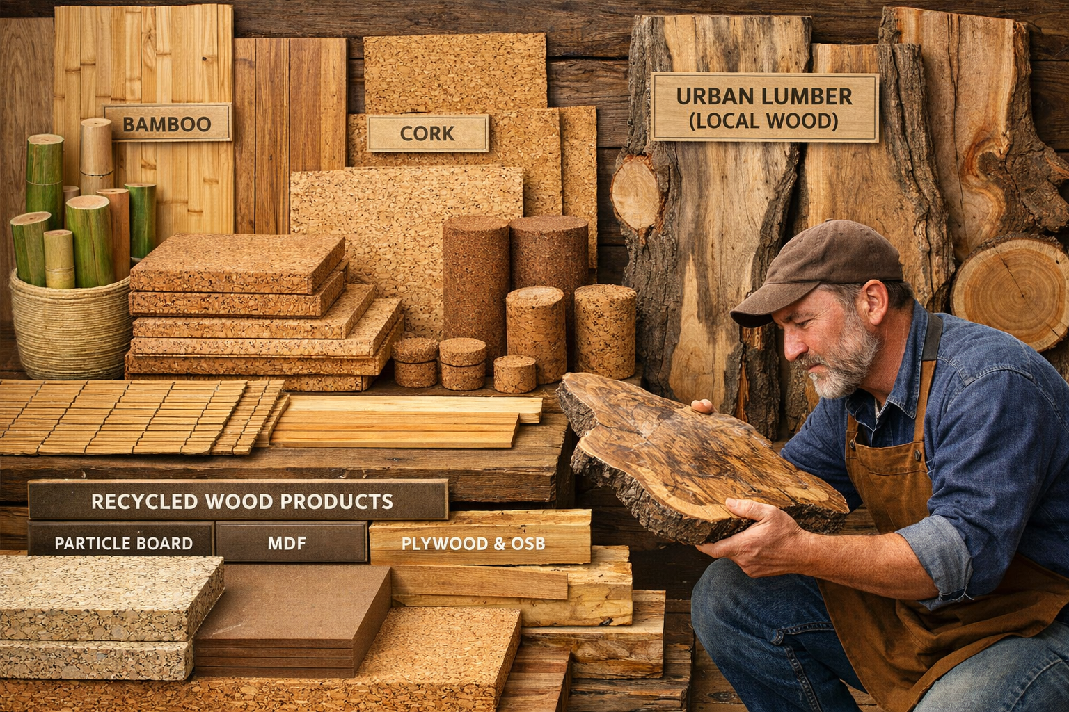 Diverse sustainable wood alternatives including urban lumber and bamboo