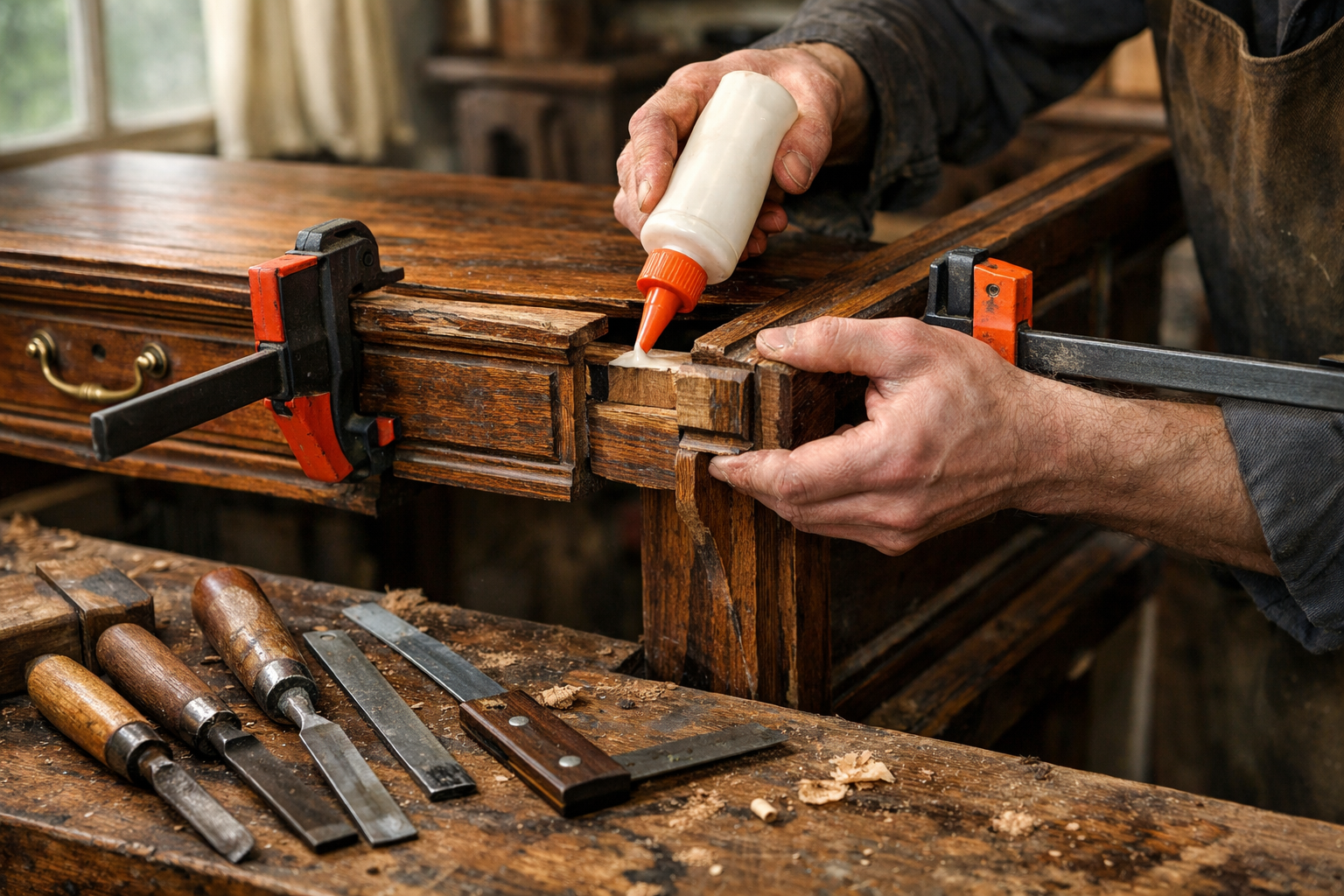 Craftsman re-gluing a desk joint