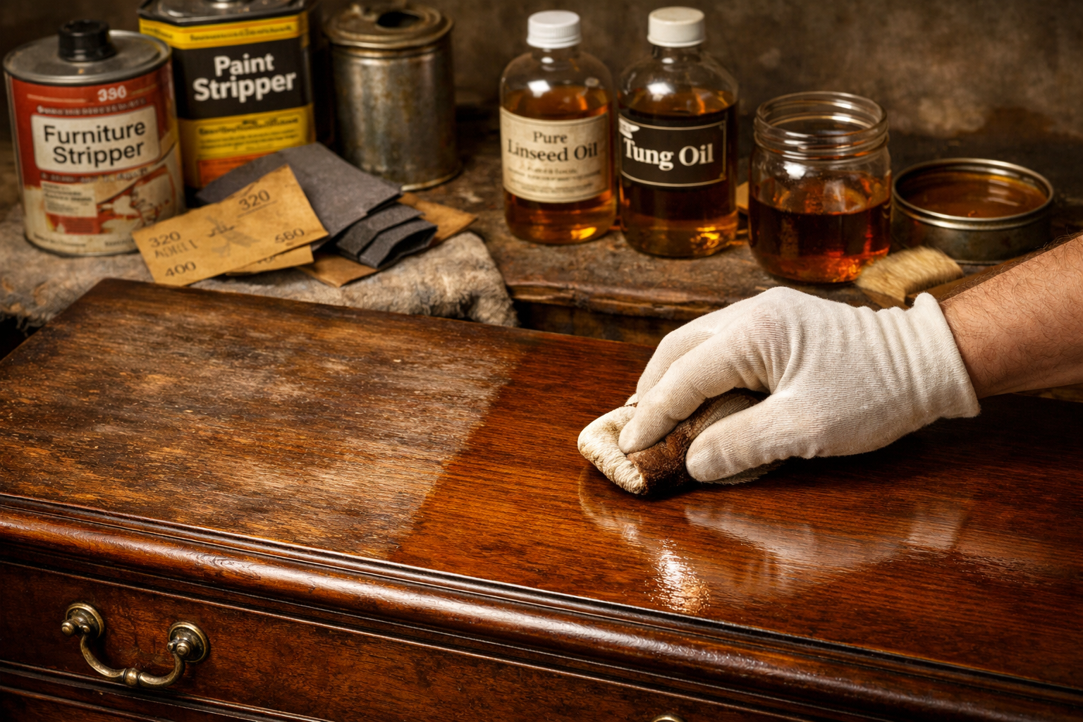 Hand applying shellac to antique dresser