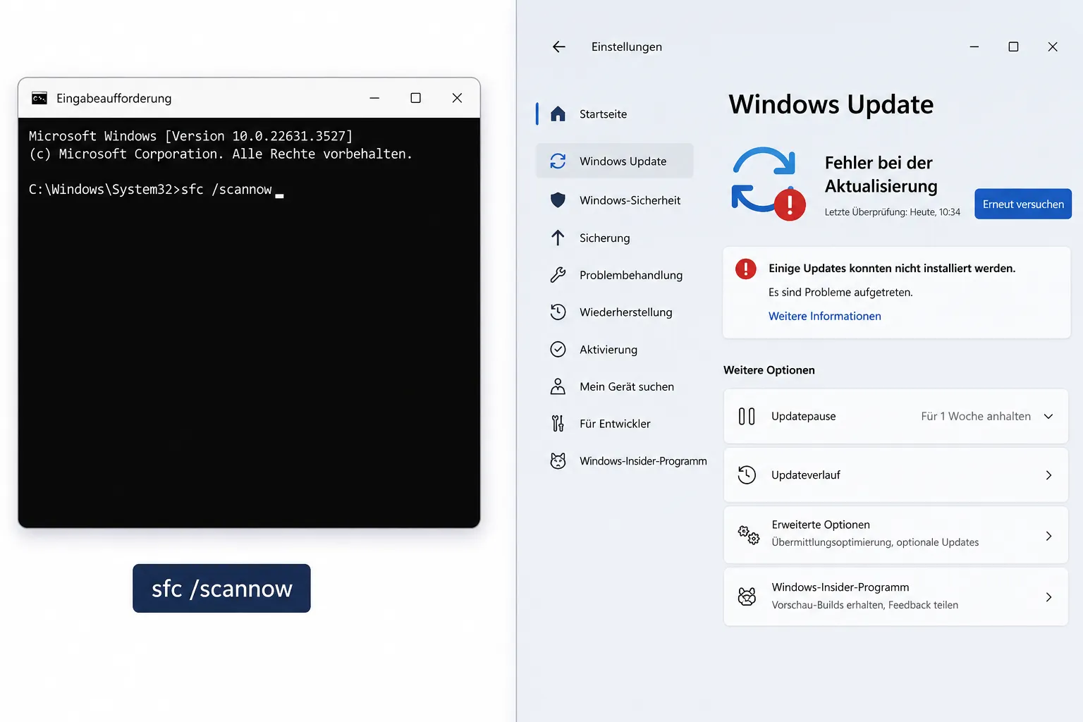 sfc /scannow Befehl und Windows Update Fehler 0x80070003 beheben