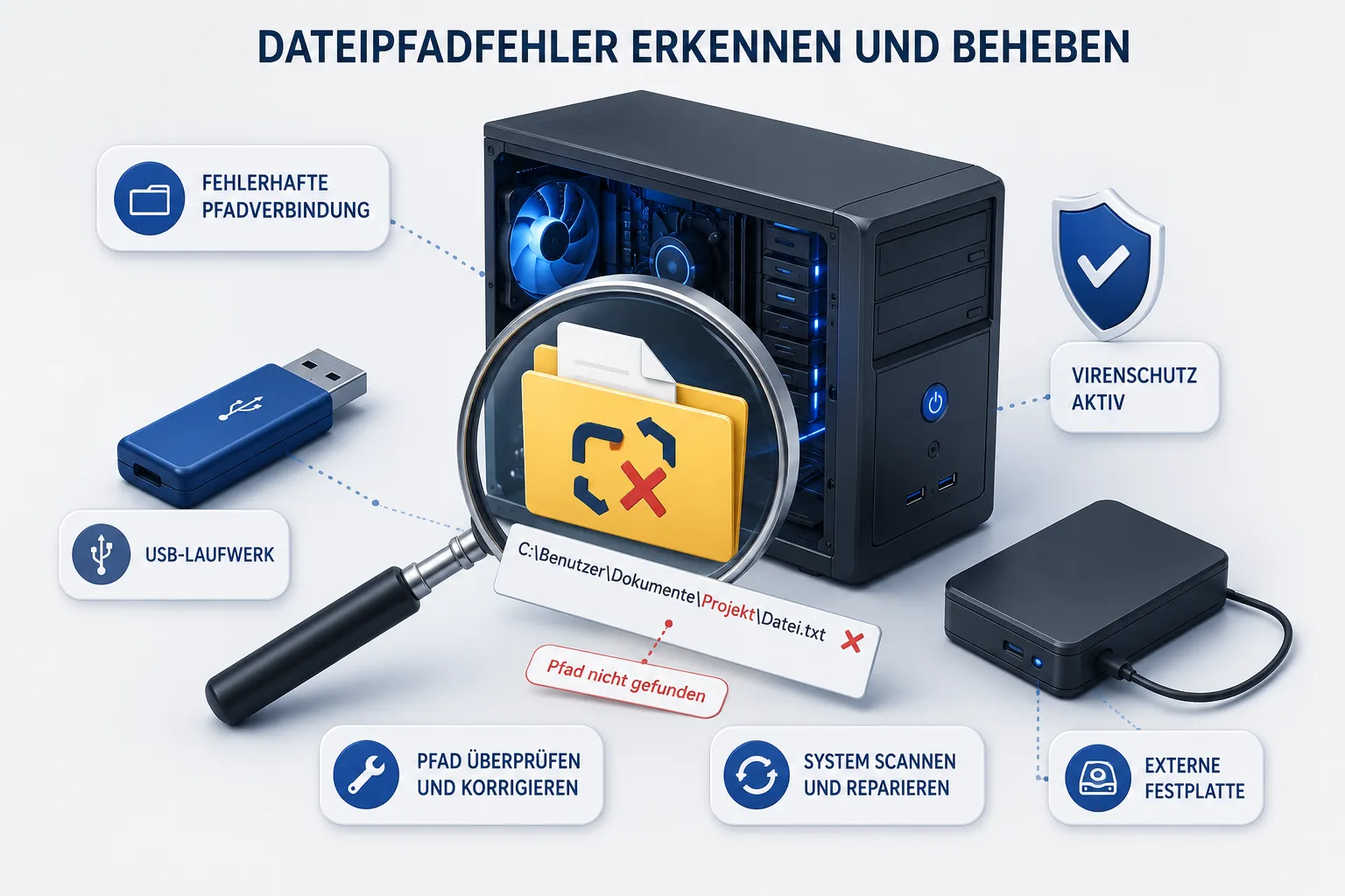 Windows 0x80070003 Fehlerdiagnose mit externem Laufwerk und Antivirus-Symbol