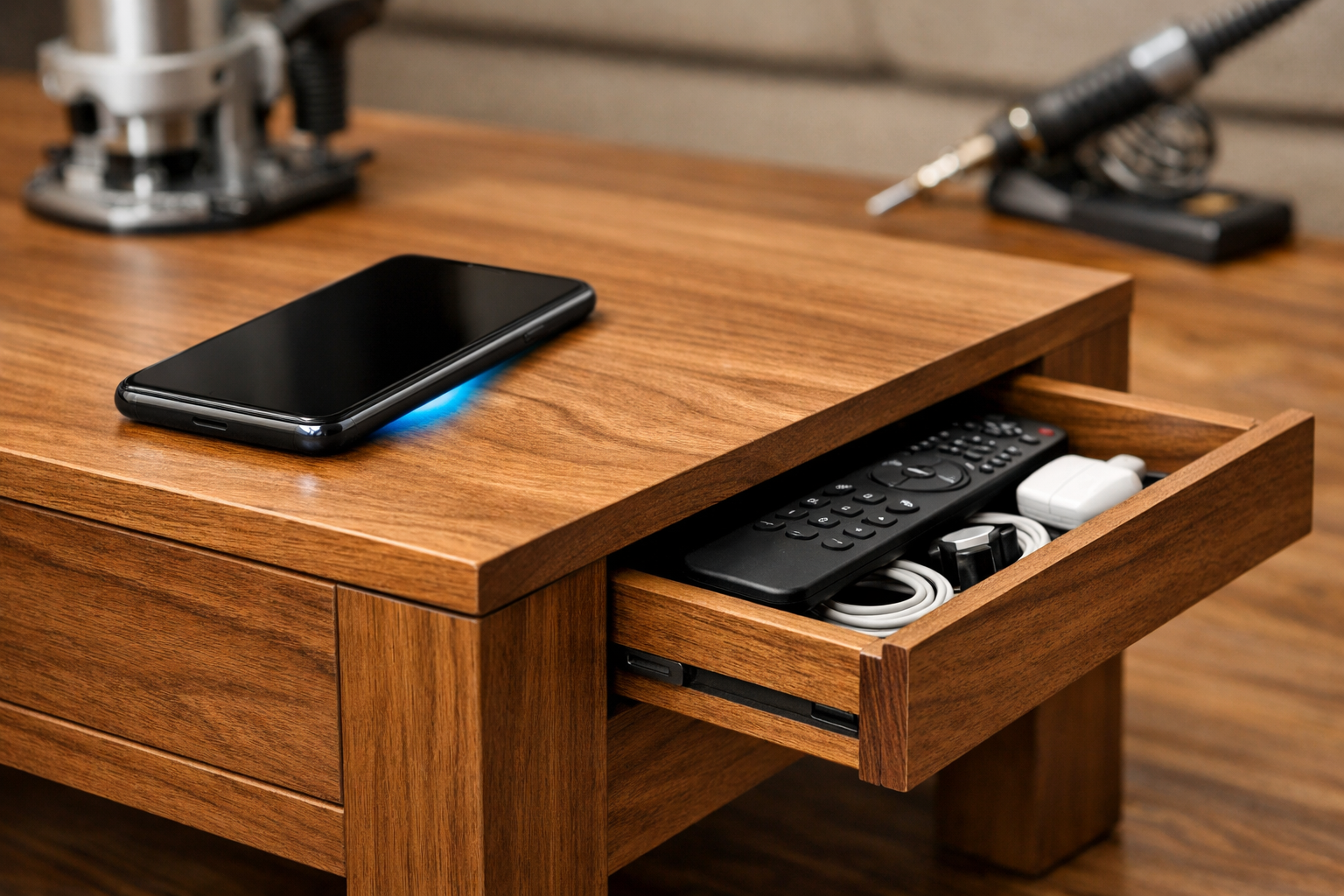 Custom wooden coffee table with wireless charger and hidden storage