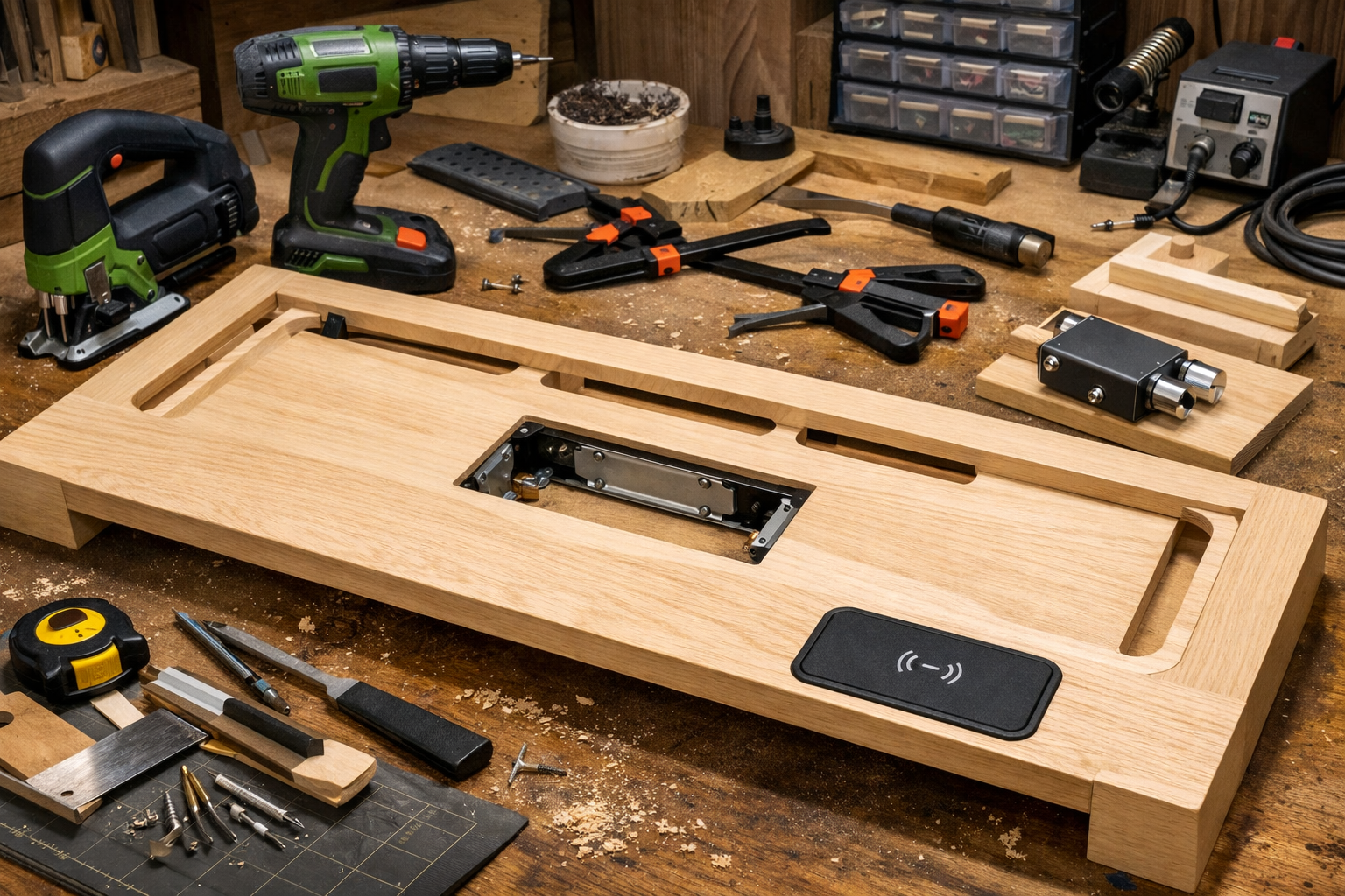 Woodworking bench with a partially built smart desk frame