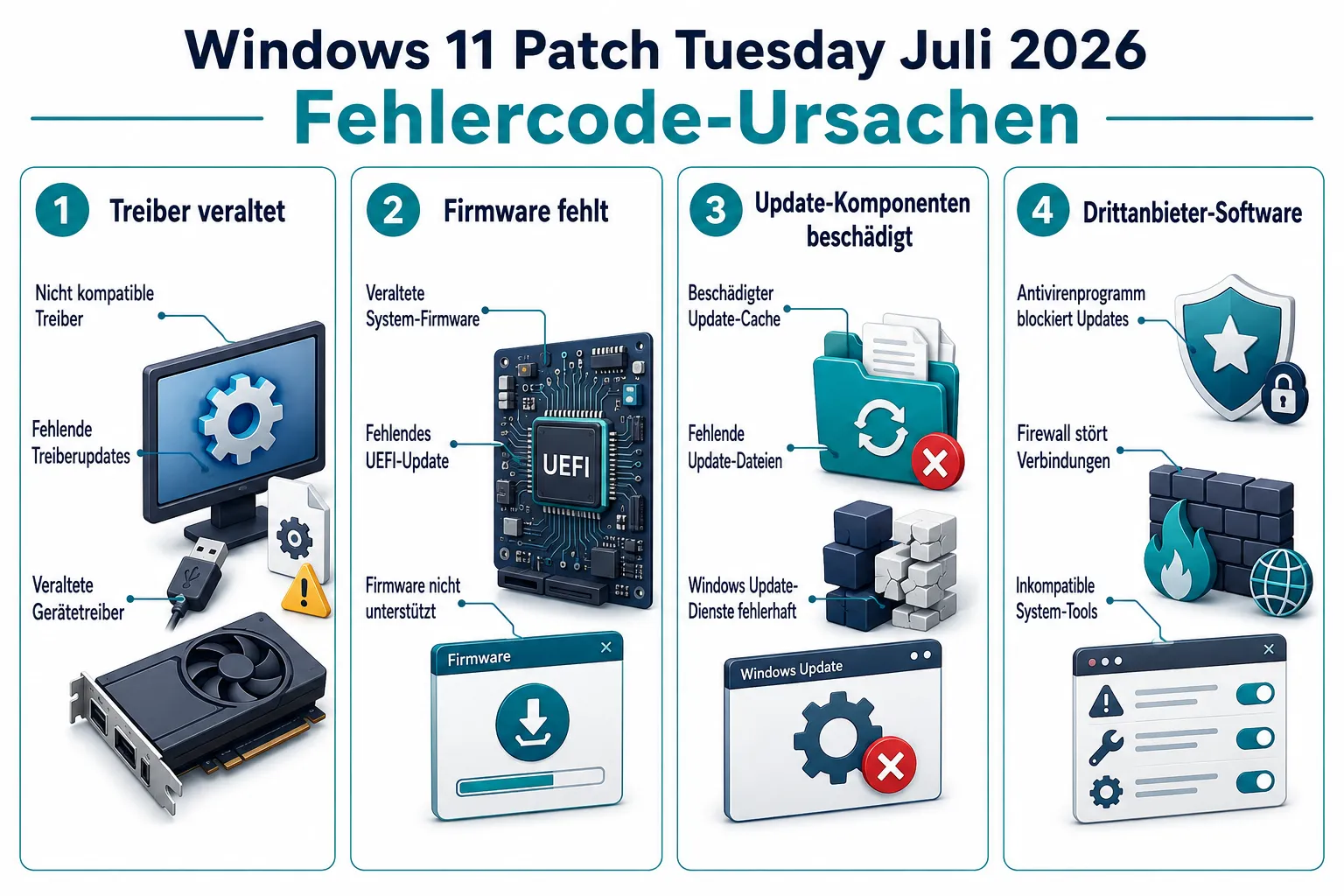 Übersicht der Ursachen für Windows 11 Patch Tuesday Juli 2026 Fehlercodes