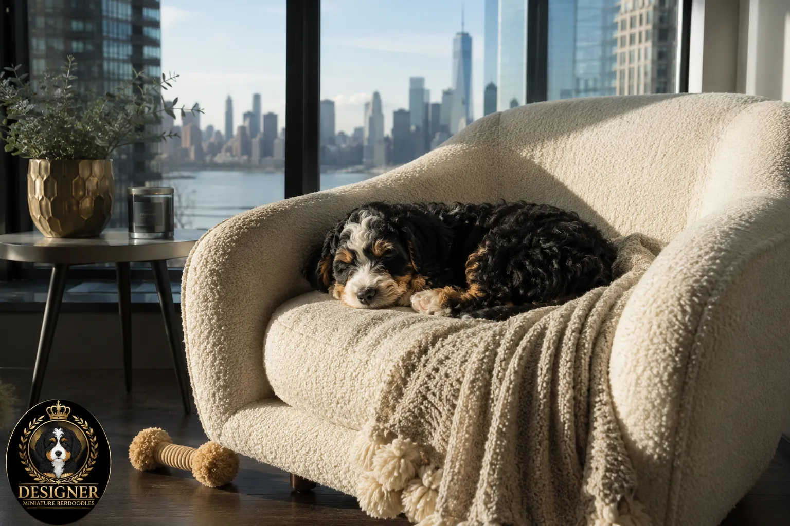 Miniature bernedoodle sleeping in Jersey City apartment