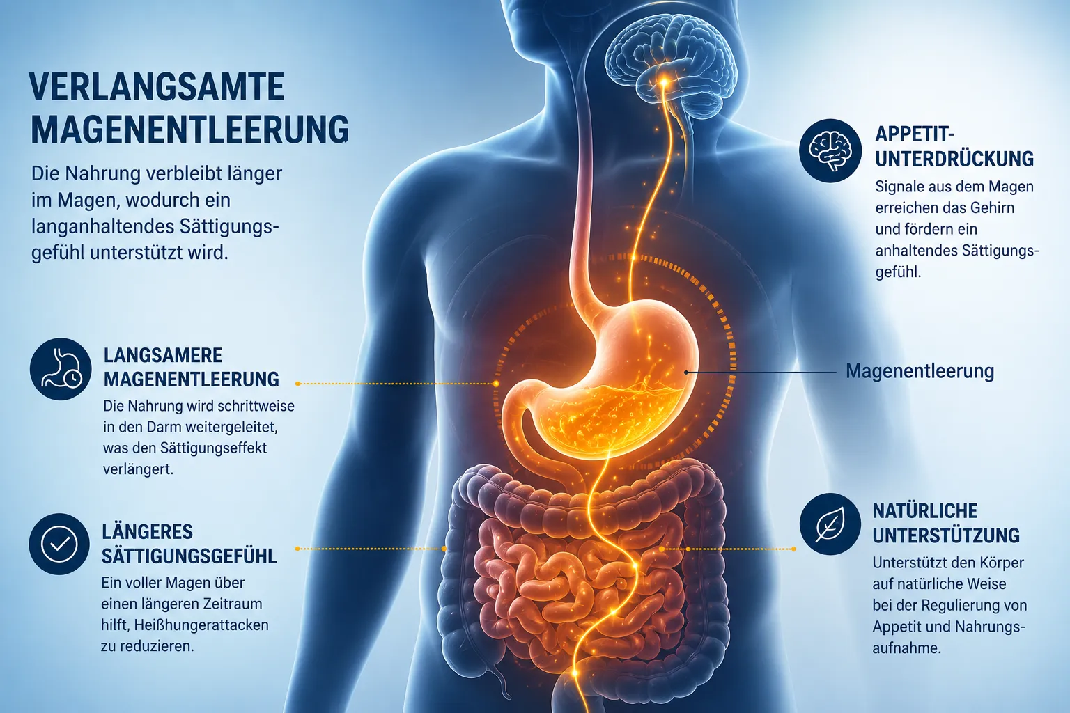 Mounjaro vs. Wegovy: Tirzepatid als Dual-Agonist – Warum der duale Wirkmechanismus entscheidend ist Magenentleerung und Sättigungssignal bei GLP-1 GIP Therapie Illustration