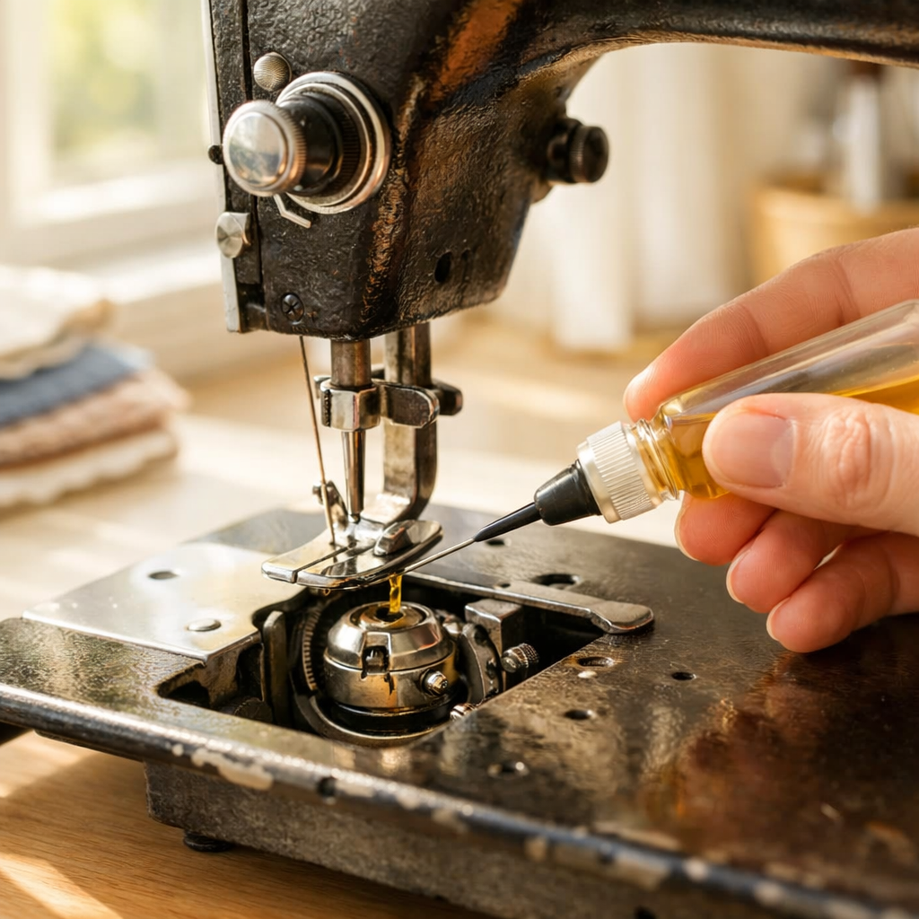 Professional () hero image showing a close-up editorial photograph of a vintage sewing machine being oiled, bright natural