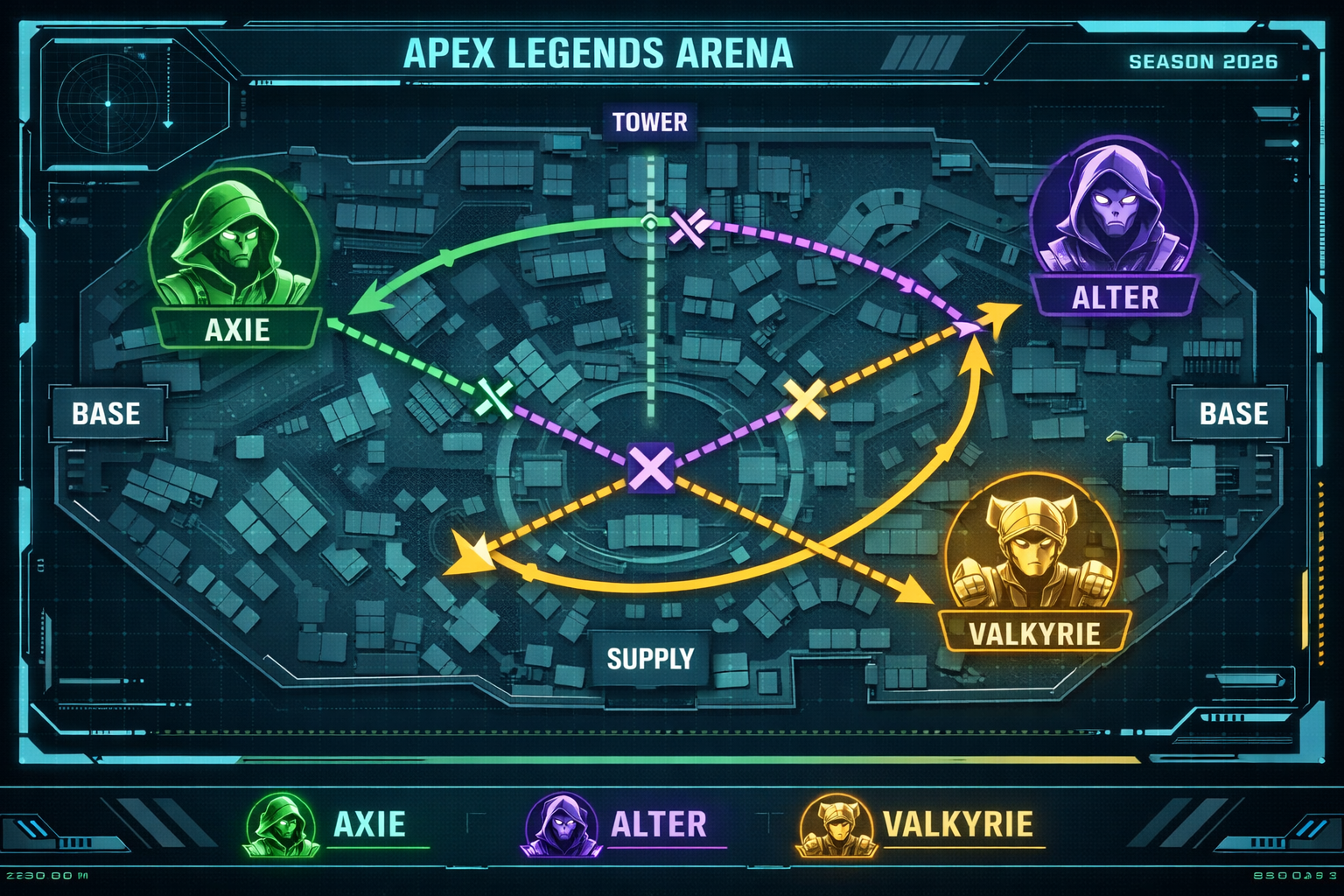 a top-down tactical map of an Apex Legends arena with glowing character icons