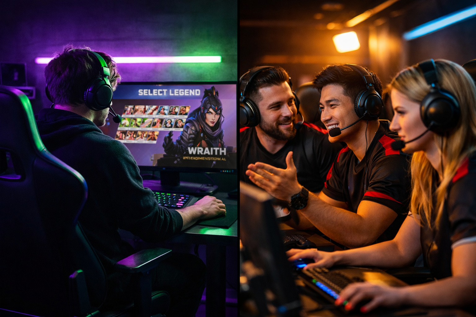 split-screen composition: left side shows a solo queue player at a gaming setup with one monitor