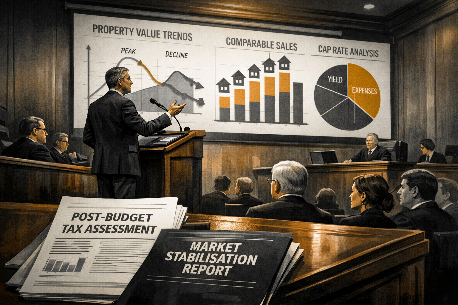 () editorial illustration showing a formal courtroom or tribunal setting from a low-angle perspective, with a suited expert