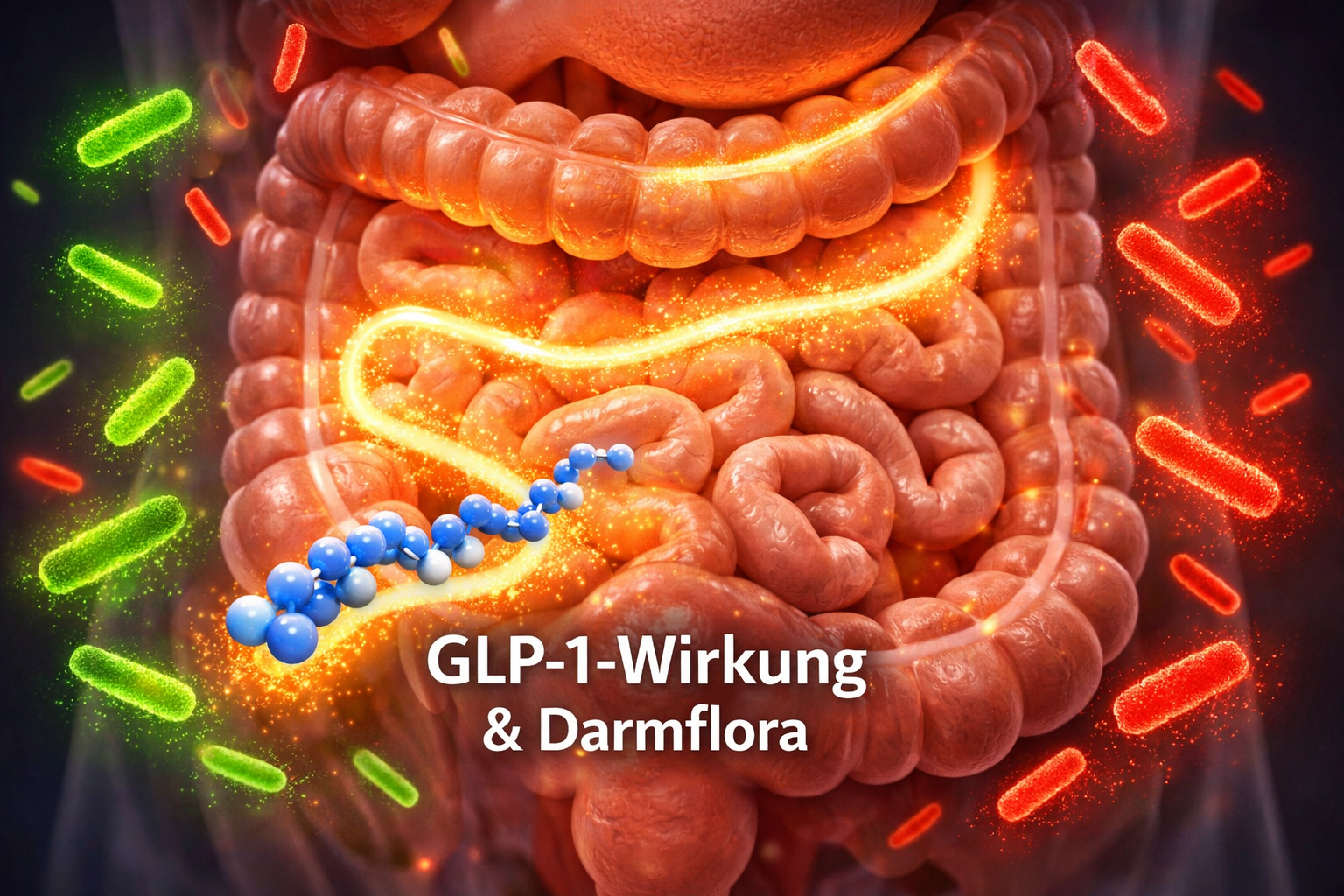 GLP-1-Agonisten und die Mikrobiom-Revolution: Wie Darmbakterien den Therapieerfolg beeinflussen CRITICAL: ALL text, labels, headlines, annotations, and overlays in this image MUST be written in GERMAN. Do NOT use any