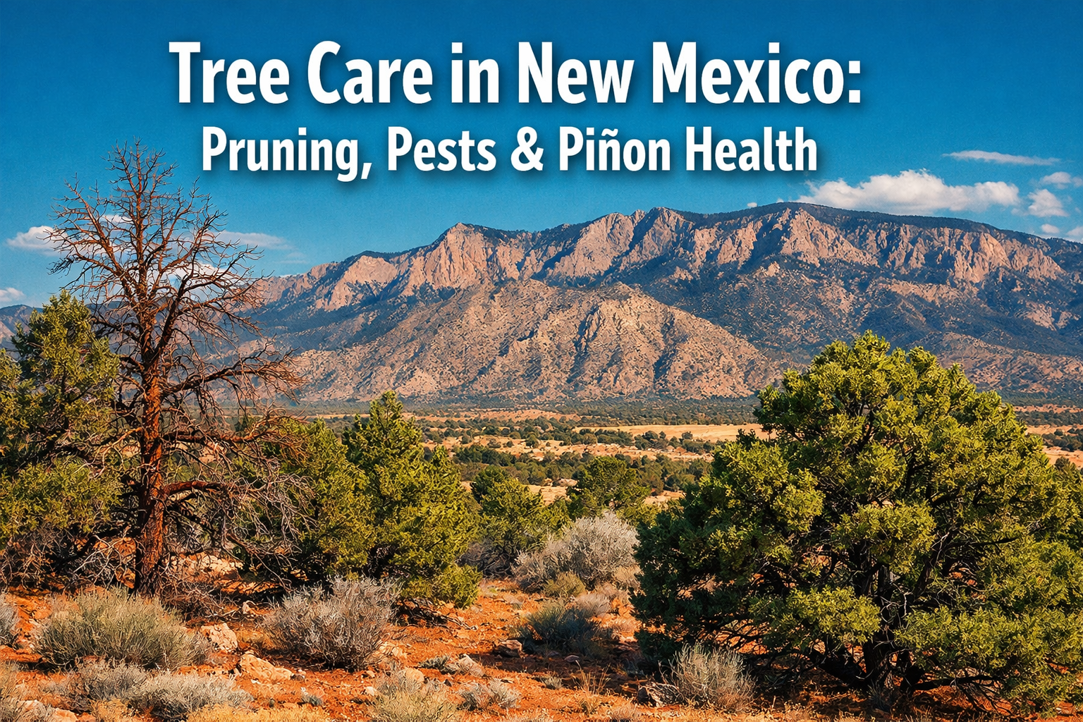 Professional () hero image with 'Tree Care in New Mexico: Pruning, Pests & Piñon Health' in extra large white with dark ,