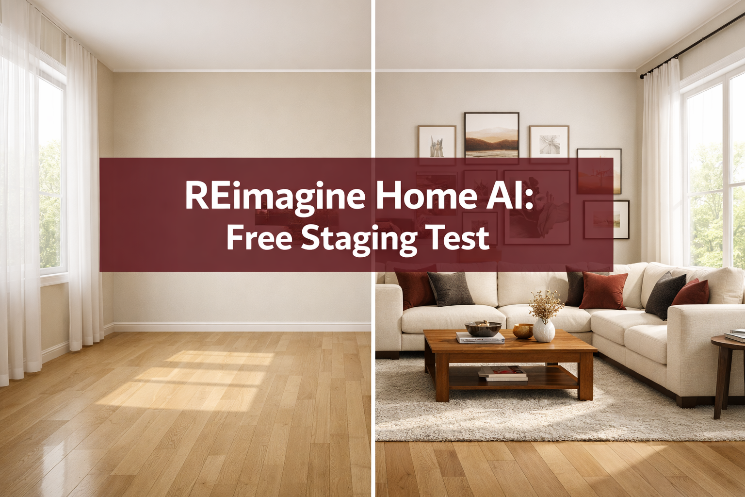 Professional () hero image with (≤42 chars): 'REimagine Home AI: Free Staging Test' in crisp white on a deep burgundy