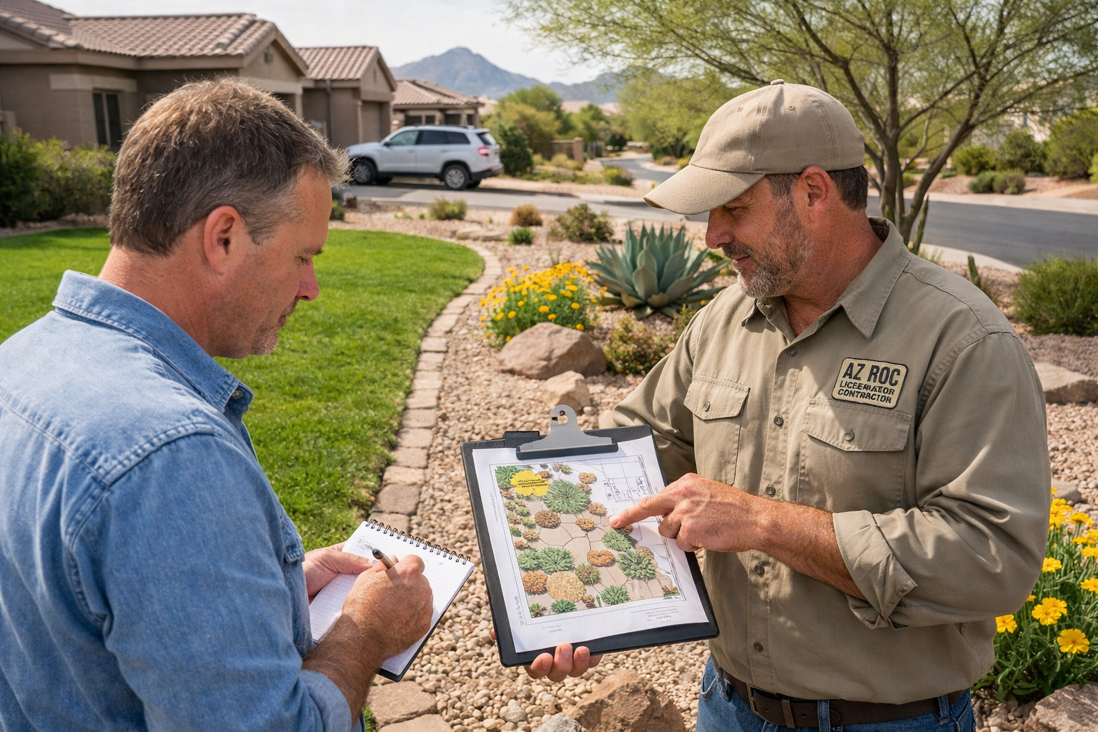 Detailed () image showing Arizona homeowner consulting with licensed ROC landscaping contractor in desert front yard.