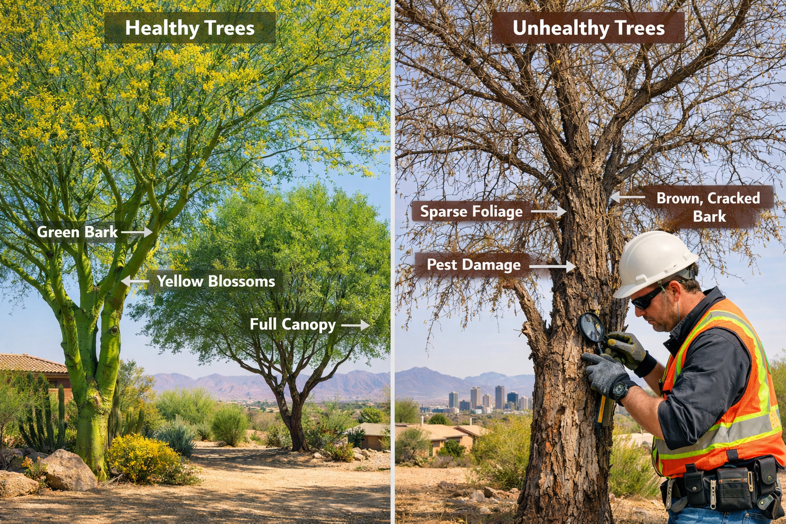 () image showing close-up comparison of healthy vs unhealthy Arizona desert trees side by side. Left side displays vibrant