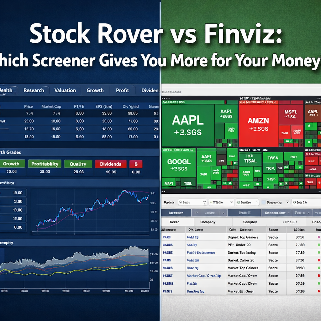 Professional () hero image with 'Stock Rover vs Finviz: Which Screener Gives You More for Your Money?' in white with dark ,