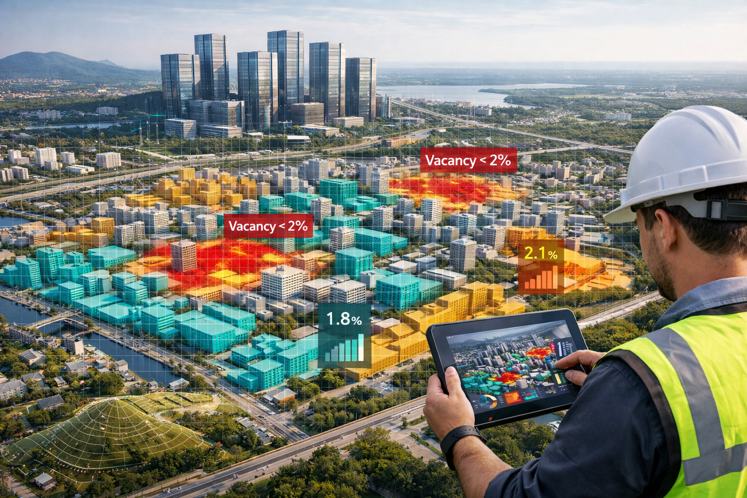 Wide-angle aerial geospatial mapping scene showing a surveyor using a tablet with GIS data projected over a 3D city model,