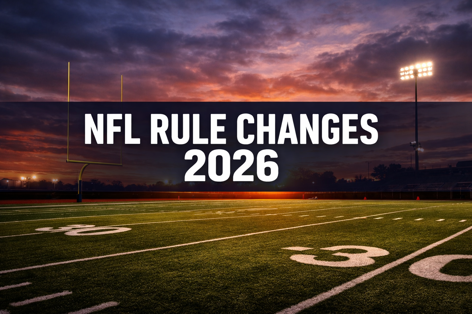 Professional () hero image with 'NFL Rule Changes 2026' in white on a dark navy panel, centered with 8% margins. Background: