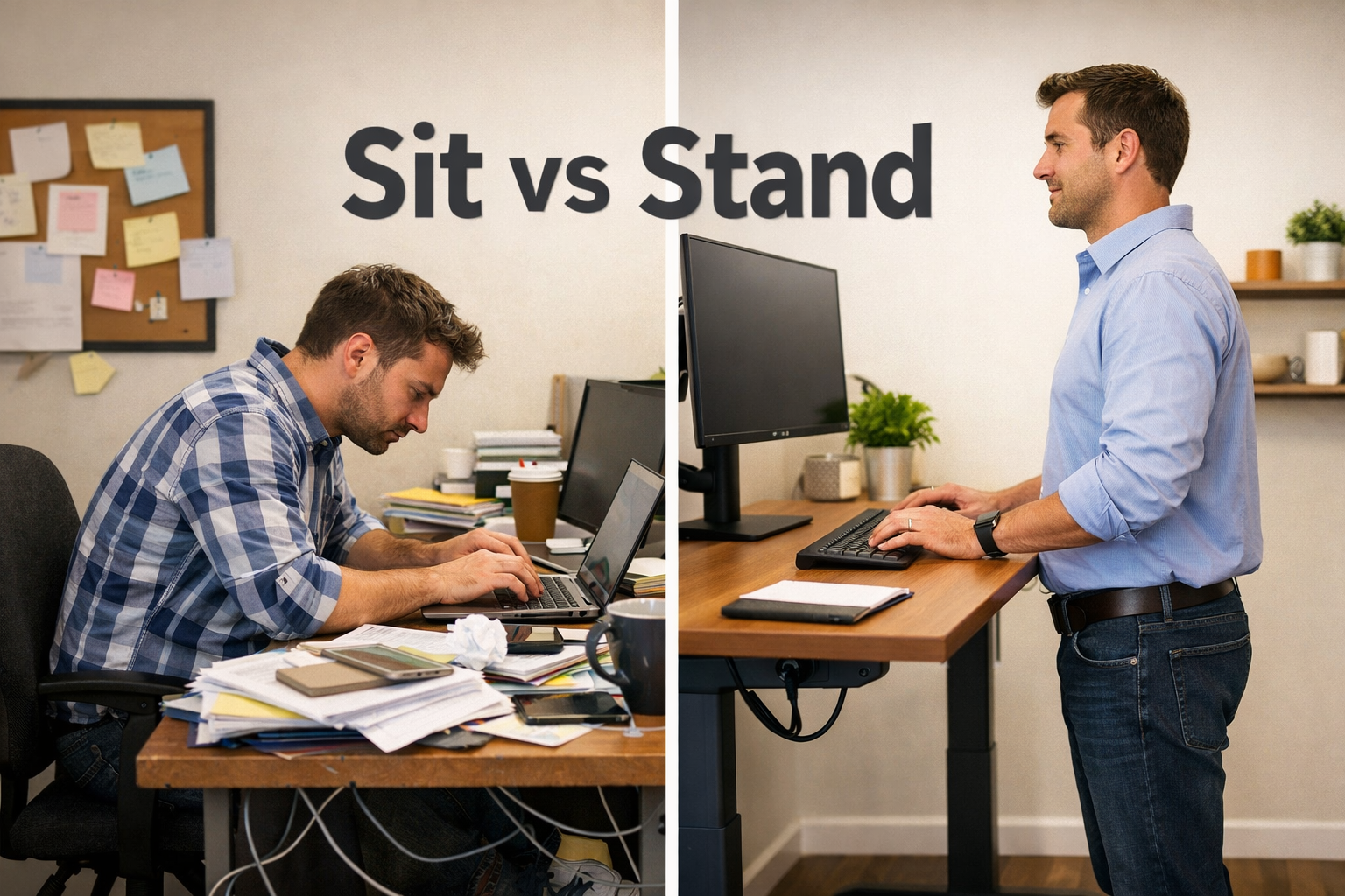 What is the Best Desk For a Home Office Landscape format (1536x1024) editorial illustration showing a split-scene comparison: left side features a person sitting at a traditional fixed desk with poor posture and a cluttered surface; right side shows the same person standing confidently at a modern electric height-adjustable desk with ergonomic monitor placement, cable management, and a clean workspace. Bold label text 'Sit vs Stand' overlaid in charcoal sans-serif. Natural office lighting, warm tones, professional photography style.
