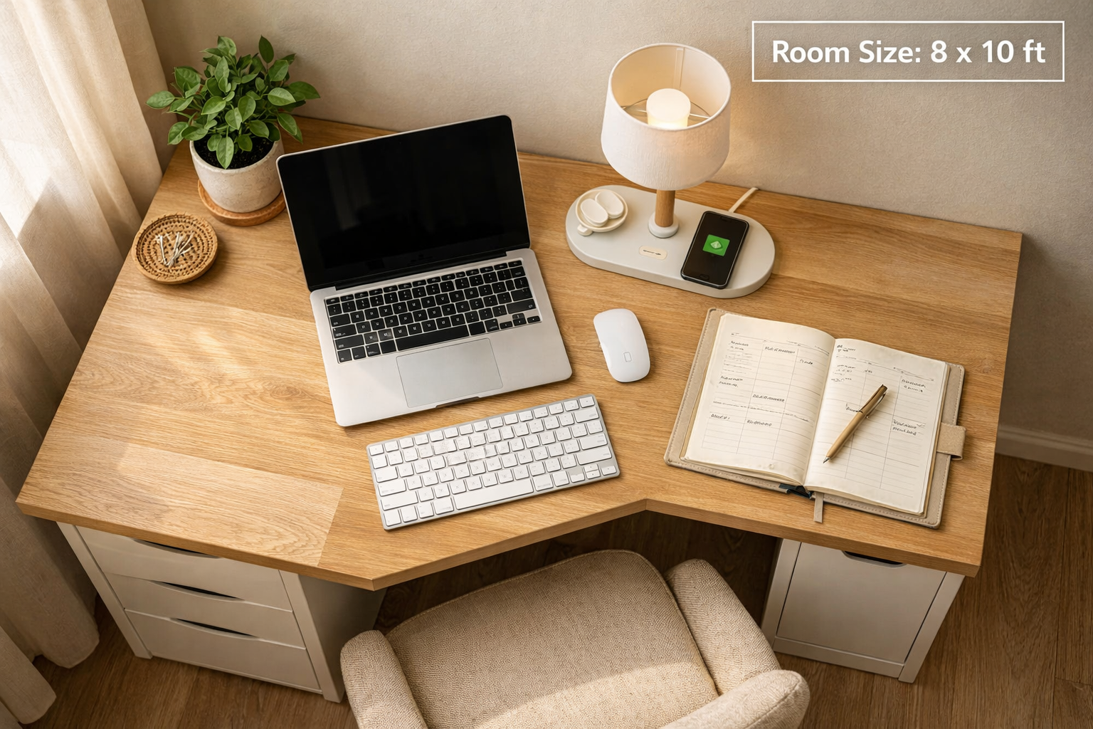What is the Best Desk For a Home Office Landscape format (1536x1024) overhead flat-lay photograph of a small home office desk setup for compact spaces, showing a compact L-shaped desk surface with a laptop, wireless keyboard, small plant, desk lamp with wireless charging base, and a notebook planner. Room dimensions overlay in the corner showing 8x10 foot space. Warm neutral color palette, Scandinavian minimalist style, natural daylight from left side, styled for a remote worker audience.