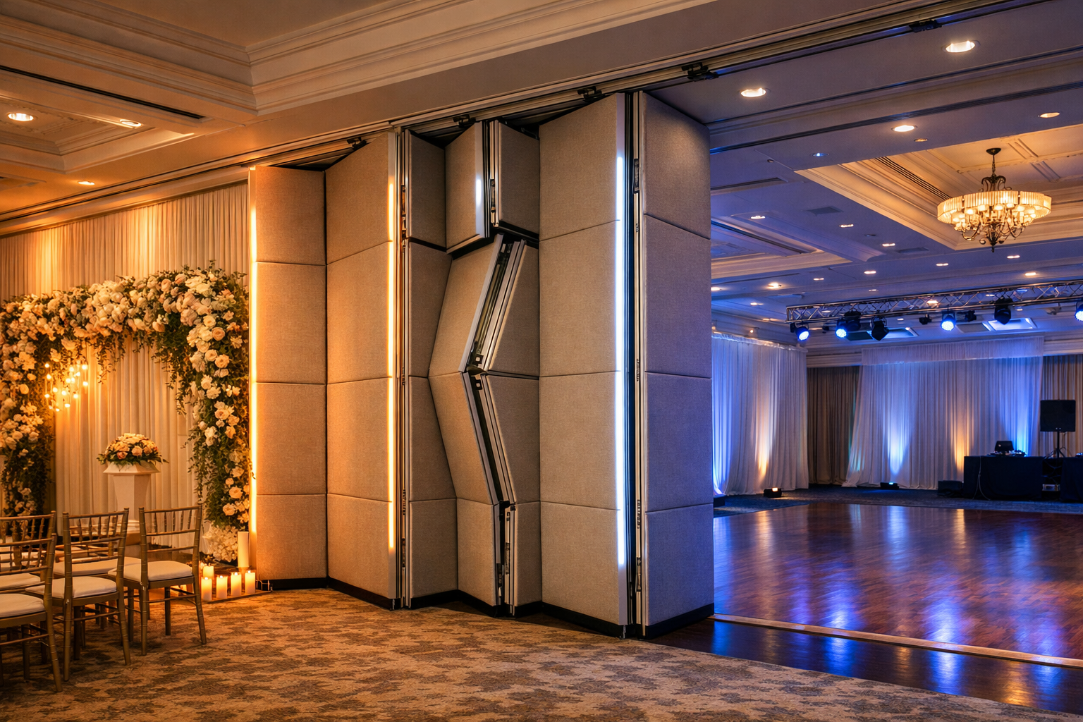 Wide-angle () editorial photograph of a modular party wall system in a luxury venue ballroom, showing folding acoustic