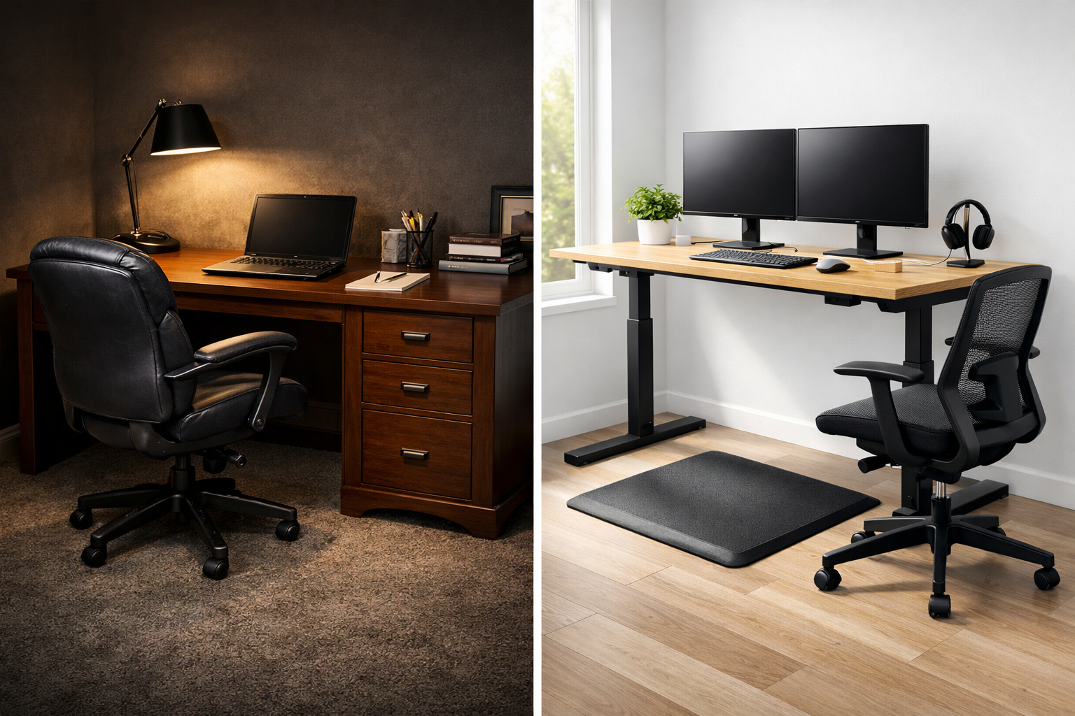 Split, screen editorial image comparing desk types. Left half shows a traditional, static brown wood desk in a dimly lit room with a standard office chair. Right half shows a modern, bright standing desk with a white oak top and black frame, accompanied by an anti, fatigue mat and a sleek mesh back office chair. High contrast, clean composition, Cool Home Office Desk theme. What Makes a Desk Good for a Home Office?