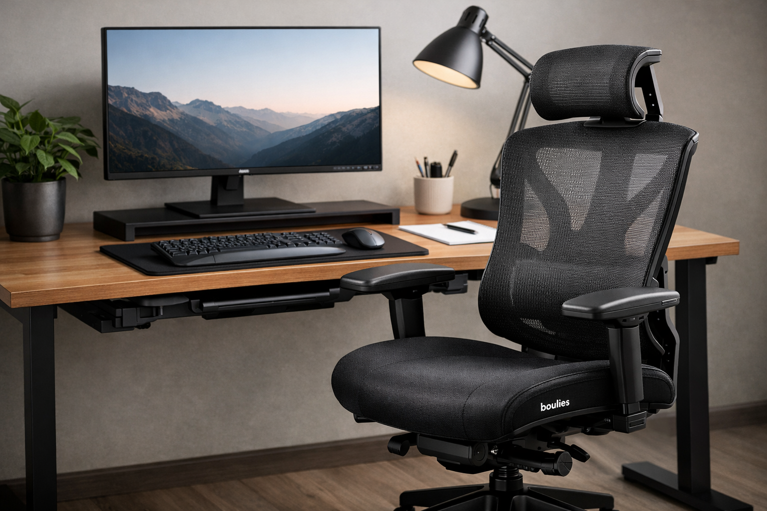 Editorial landscape format (1536x1024) image focusing on ergonomic desk setup for back pain relief. A modern desk with a monitor at eye level, a keyboard tray, and a Boulies OP180 mid, back mesh chair. The chair features an S, shaped backrest and adjustable armrests. The lighting is soft and professional, highlighting the breathable mesh and postural support features. High quality, sharp product photography style. Home Office Desk Materials: Wood vs Metal