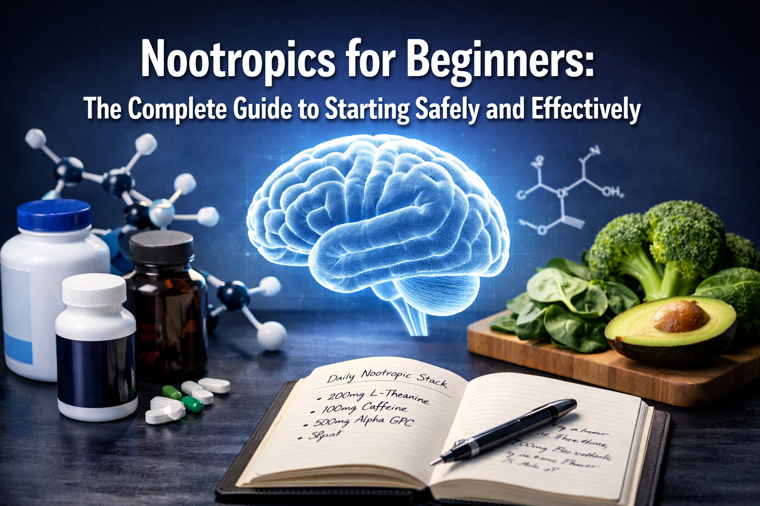 Professional () hero image featuring 'Nootropics for Beginners: The Complete Guide to Starting Safely and Effectively' in