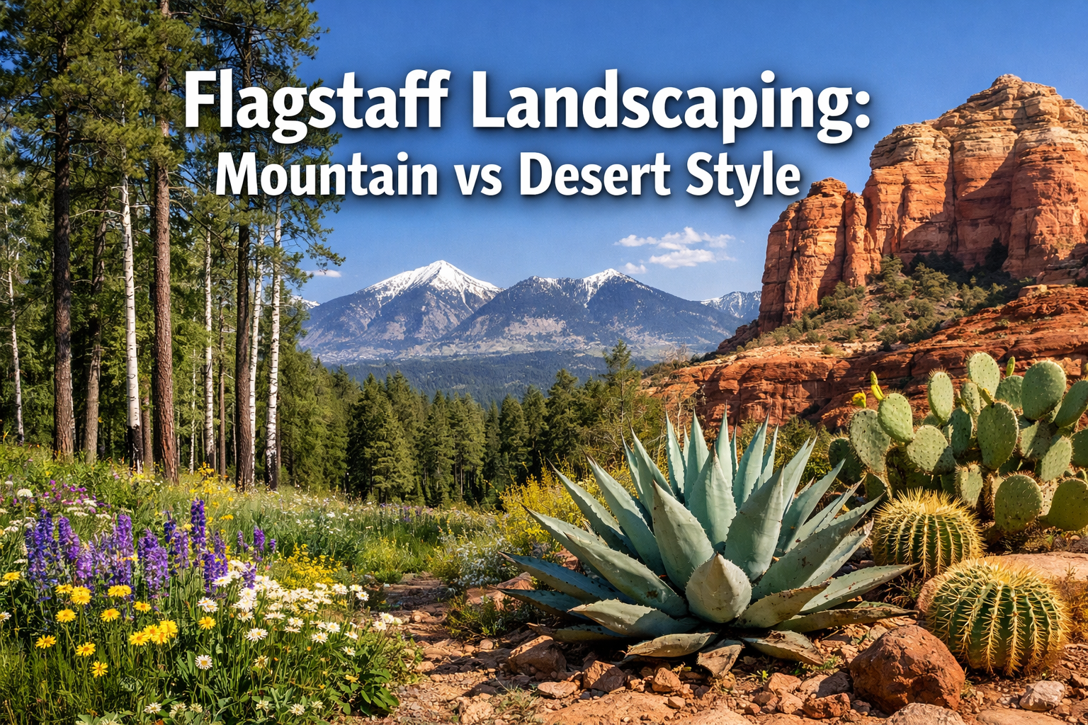 Professional () hero image with 'Flagstaff Landscaping: Mountain vs Desert Style' in extra large white with dark , centered