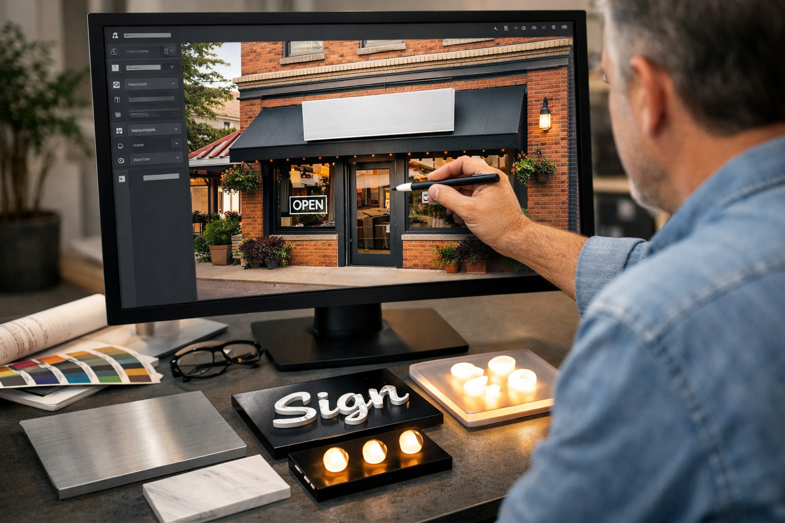 Conceptual illustration of a business owner using an AI-assisted mockup tool to place a custom sign onto a photo of their storefront
