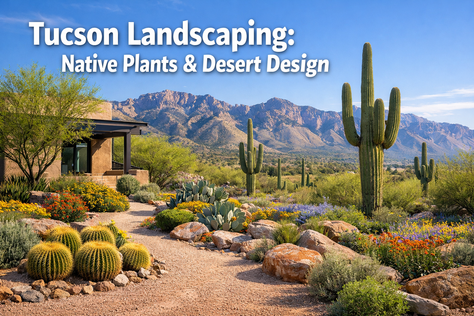 Professional () hero image with 'Tucson Landscaping: Native Plants & Desert Design' in extra large white with dark ,
