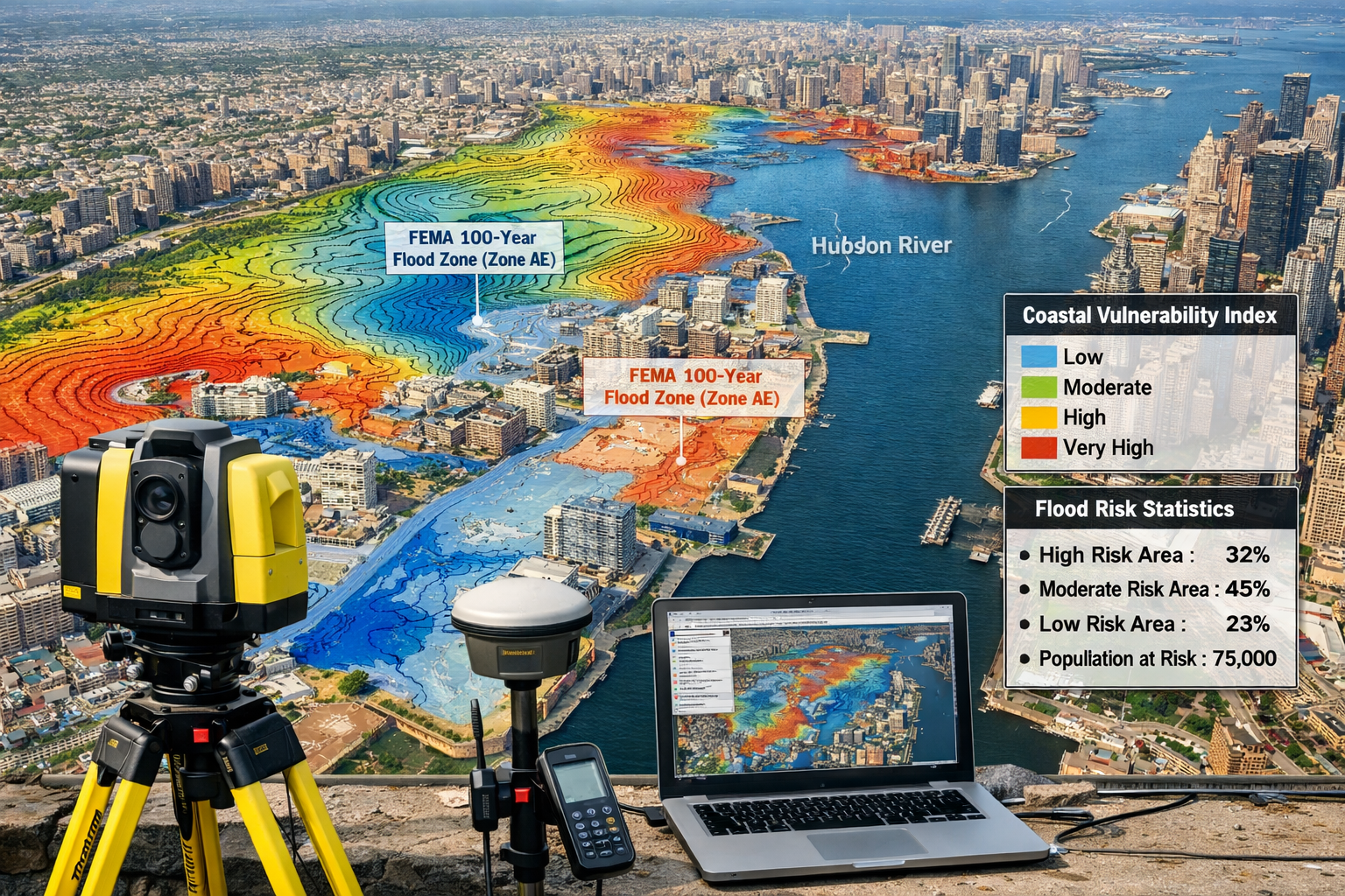 Wide aerial LiDAR elevation survey map visualization showing Jersey City waterfront and Hudson River flood zones, with
