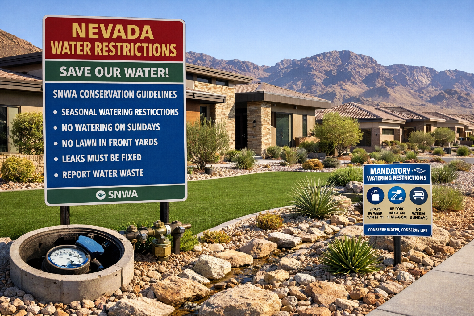 () image showing Nevada water restriction signage and SNWA conservation guidelines with Las Vegas residential neighborhood