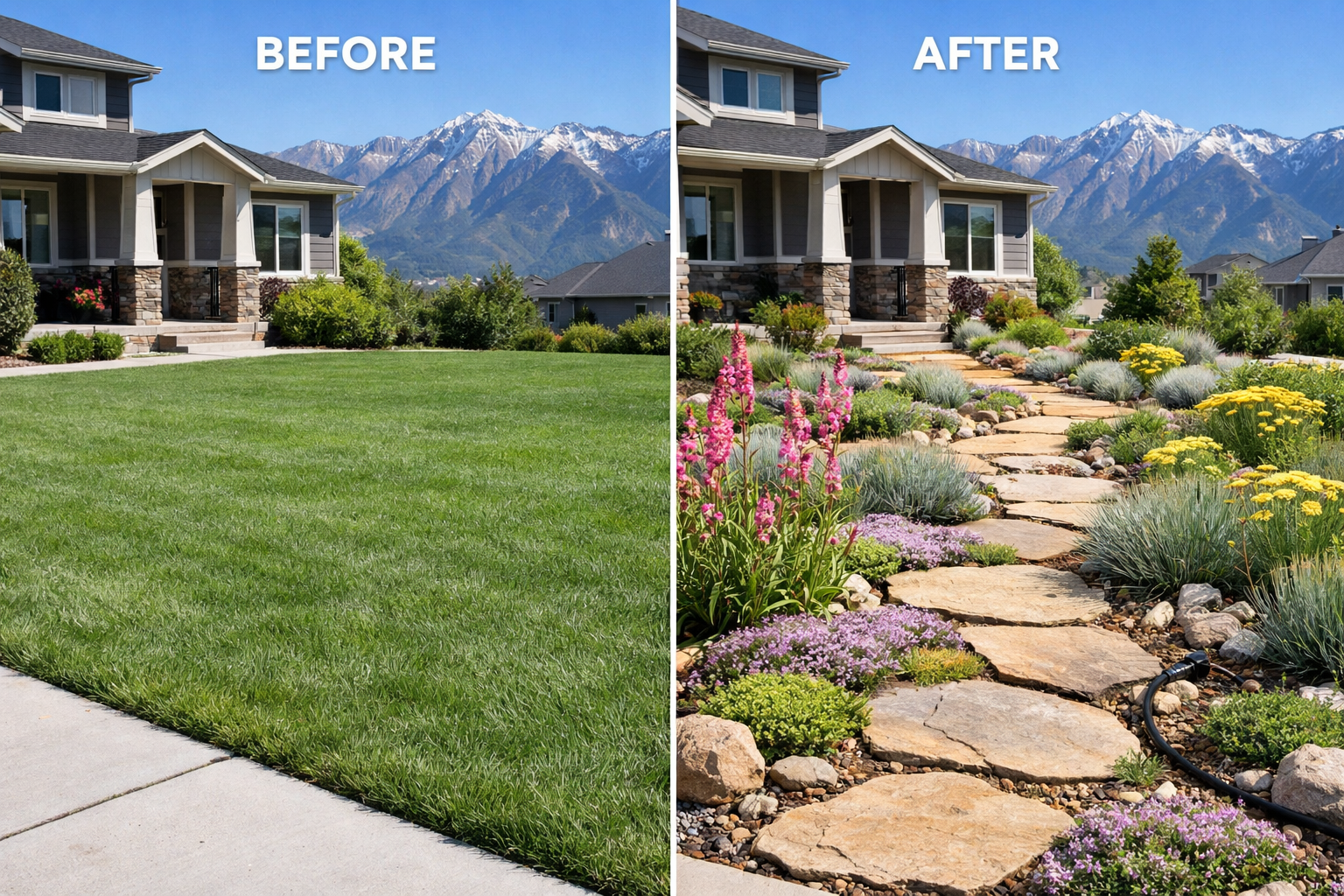Detailed () image showing Salt Lake City residential front yard transformation from traditional lawn to water-wise