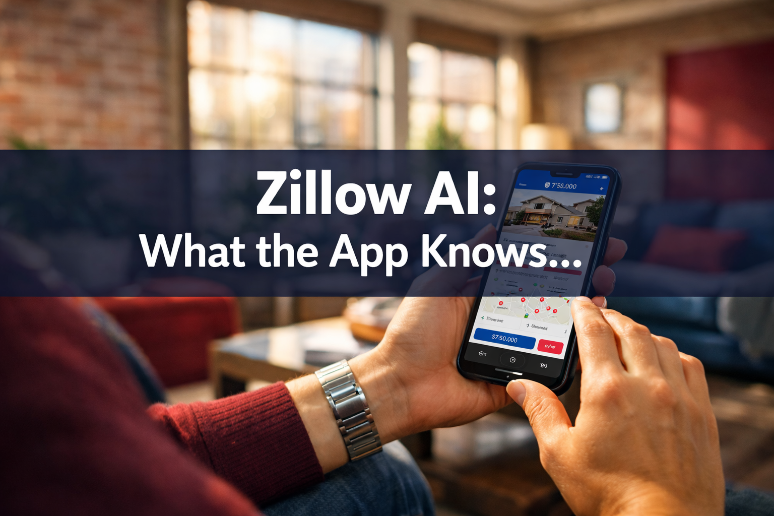 Professional () hero image with (≤42 chars): 'Zillow AI: What the App Knows…' in crisp white centered on a deep navy