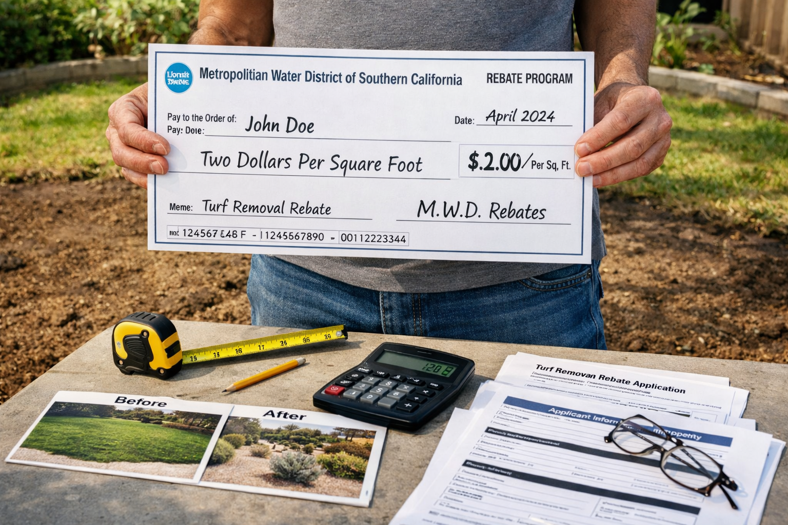 () image showing California homeowner holding MWD rebate check for $2 per square foot with calculator and measuring tape on