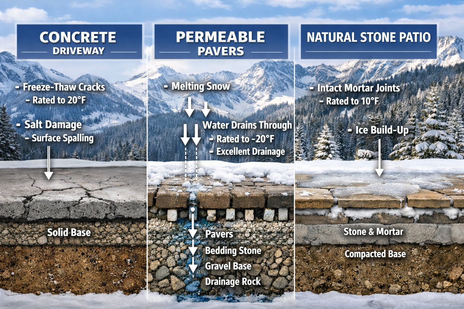 Detailed () image showing cross-section comparison of three hardscaping materials in Utah winter conditions. Left panel