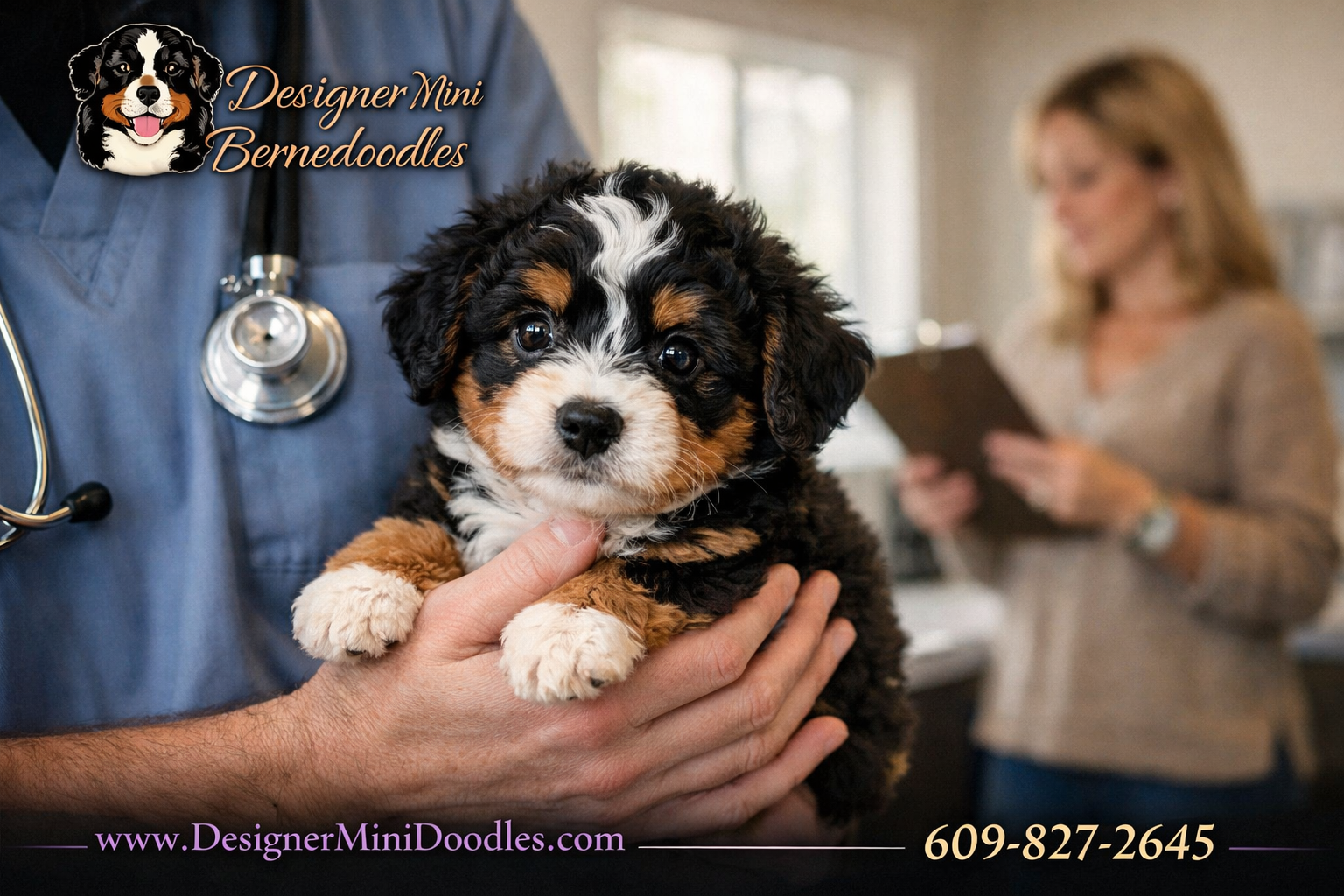 Each image should have brand Designer Mini Bernedoodles logo, website www.DesignerMiniDoodles.com and phone 609-827-2645 as