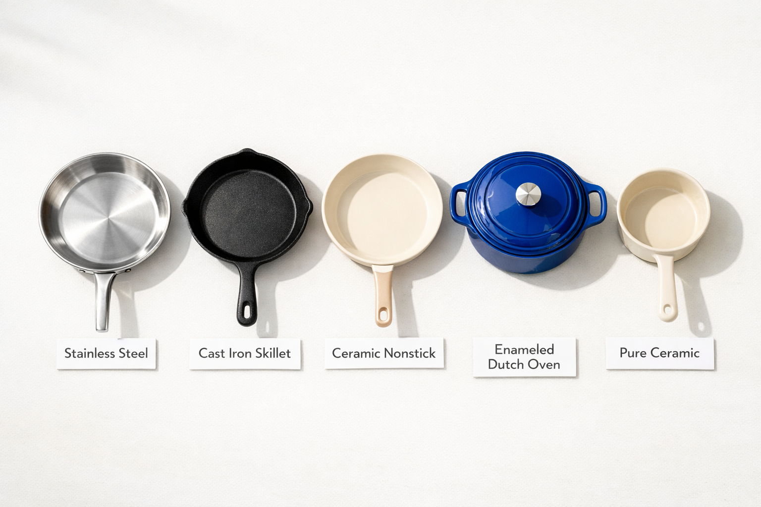 Bright editorial flat-lay photograph (1536x1024) shot from directly overhead in natural daylight: a pristine white kitchen surface displaying five distinct cookware materials side by side — a gleaming stainless steel pan, a matte black cast iron skillet, a cream-colored ceramic pan, an enameled cast iron dutch oven in cobalt blue, and a small pure ceramic saucepan. Each piece labeled with a short 3-word card. Crisp shadows, clean composition, health-focused Pinterest aesthetic, warm neutral tones. What Is the Safest Nontoxic Cookware