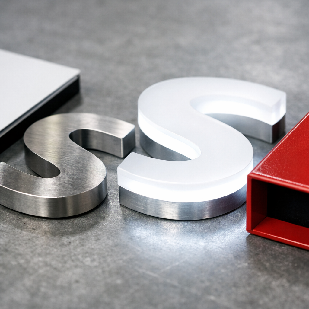 Storefront sign material samples on a workshop table: aluminum composite panel, brushed stainless flat-cut letter, routed acrylic face with LED, and a powder-coated cabinet section
