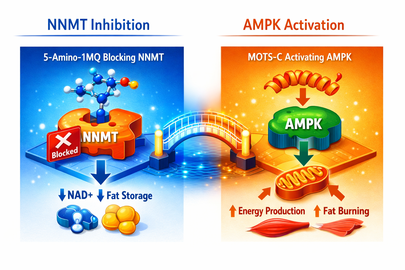 Bright isometric scientific illustration () showing two distinct molecular pathway diagrams side by side — left panel