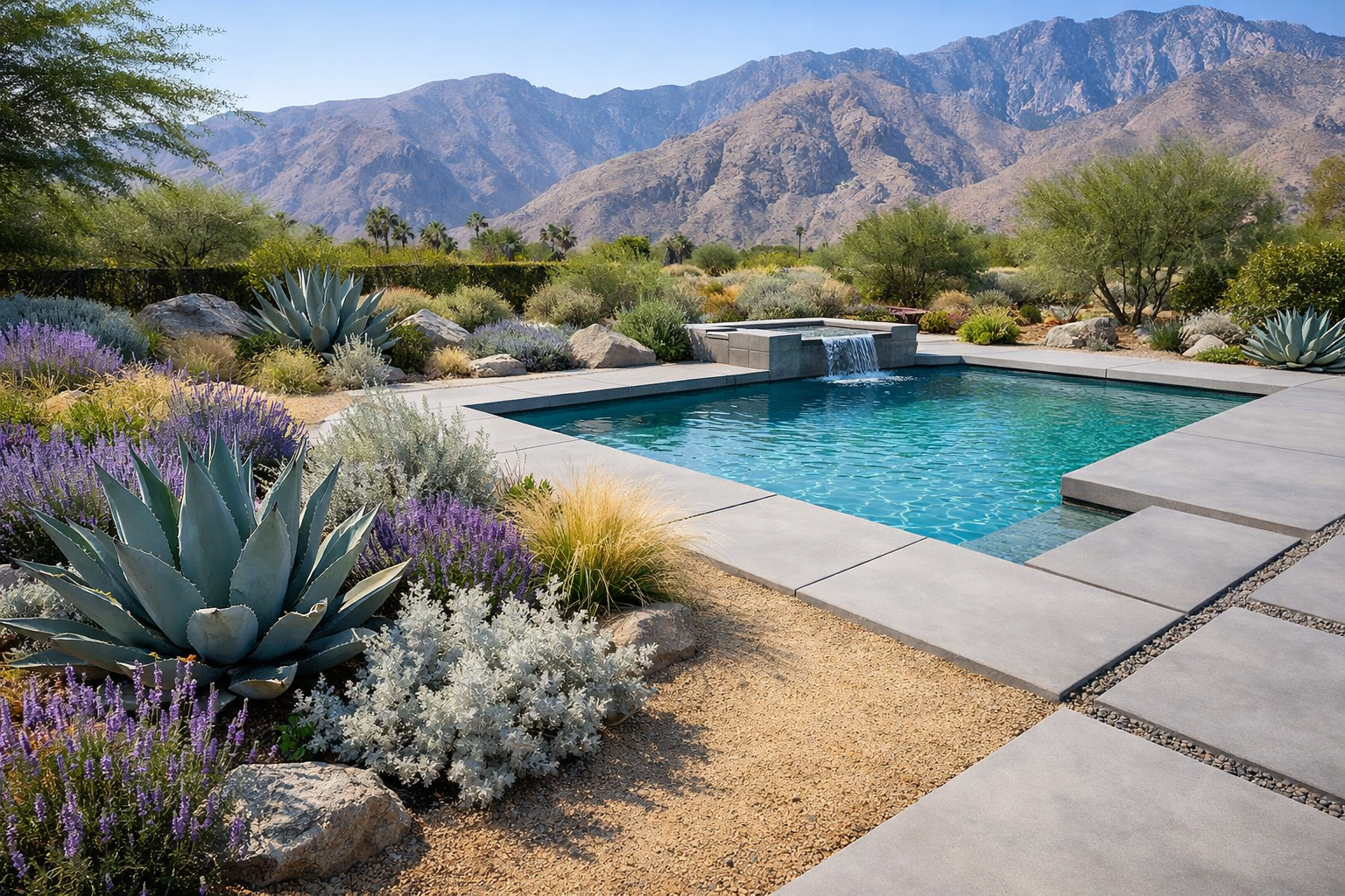 () image showing drought-resistant California pool landscaping with native agave plants, ornamental grasses, decomposed
