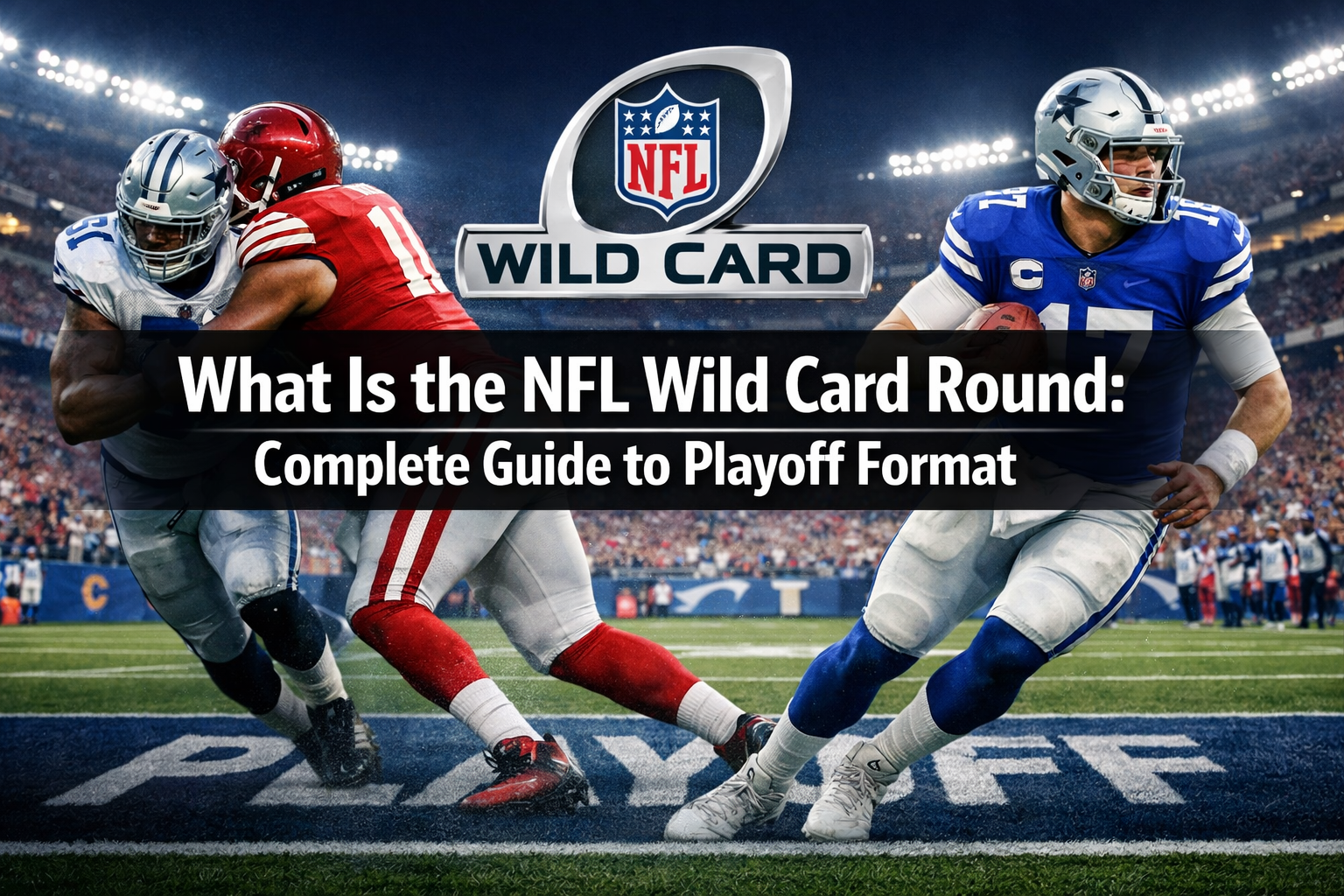 A reading "What Is the NFL Wild Card Round: Complete…". CRITICAL TYPOGRAPHY RULES: render the text on 1–2 lines, centered,